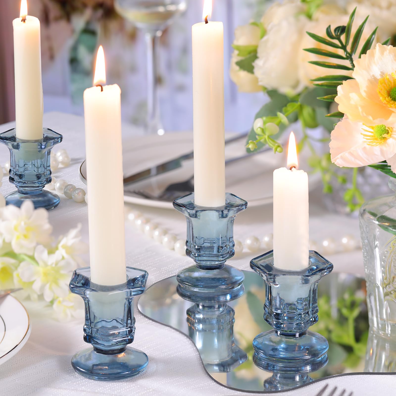 Simeitol Set Of 12 Blue Glass Taper Candle Holders - Vintage Style For Weddings & Home Decor