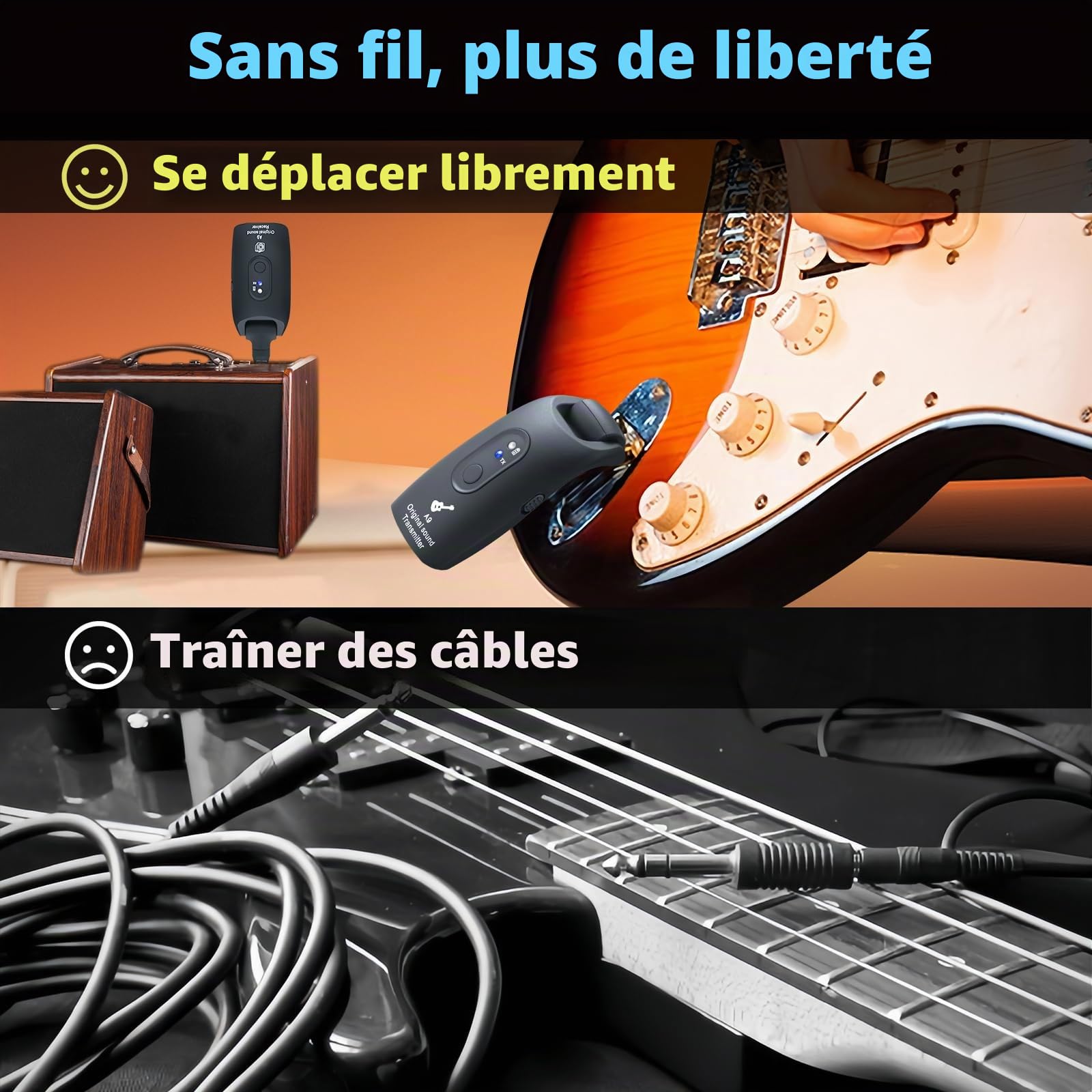Système de Guitare A9 2,4 GHz Lithium-ION Rechargeable 270° Émetteur Audio sans Fil Acoustique, Basse, Violon, Clavier, Instruments électriques