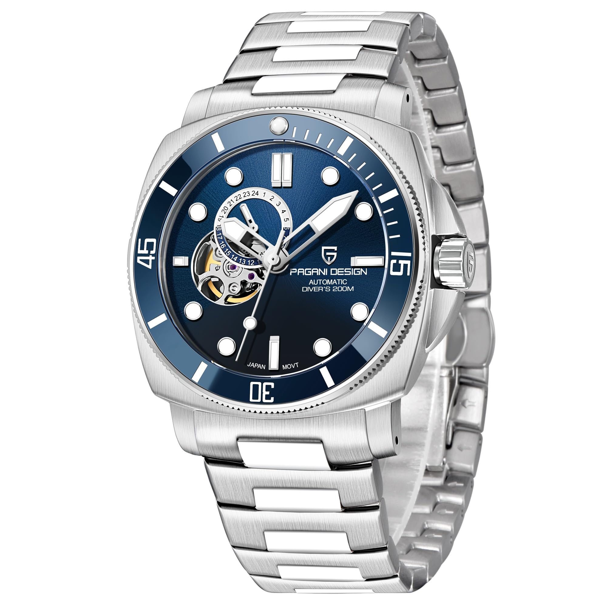 Pagani Design - Reloj mecánico automático para Hombre, Resistente al Agua hasta 200 m, Esqueleto NH39, Movimiento de Cristal de Zafiro, Azul, Casual