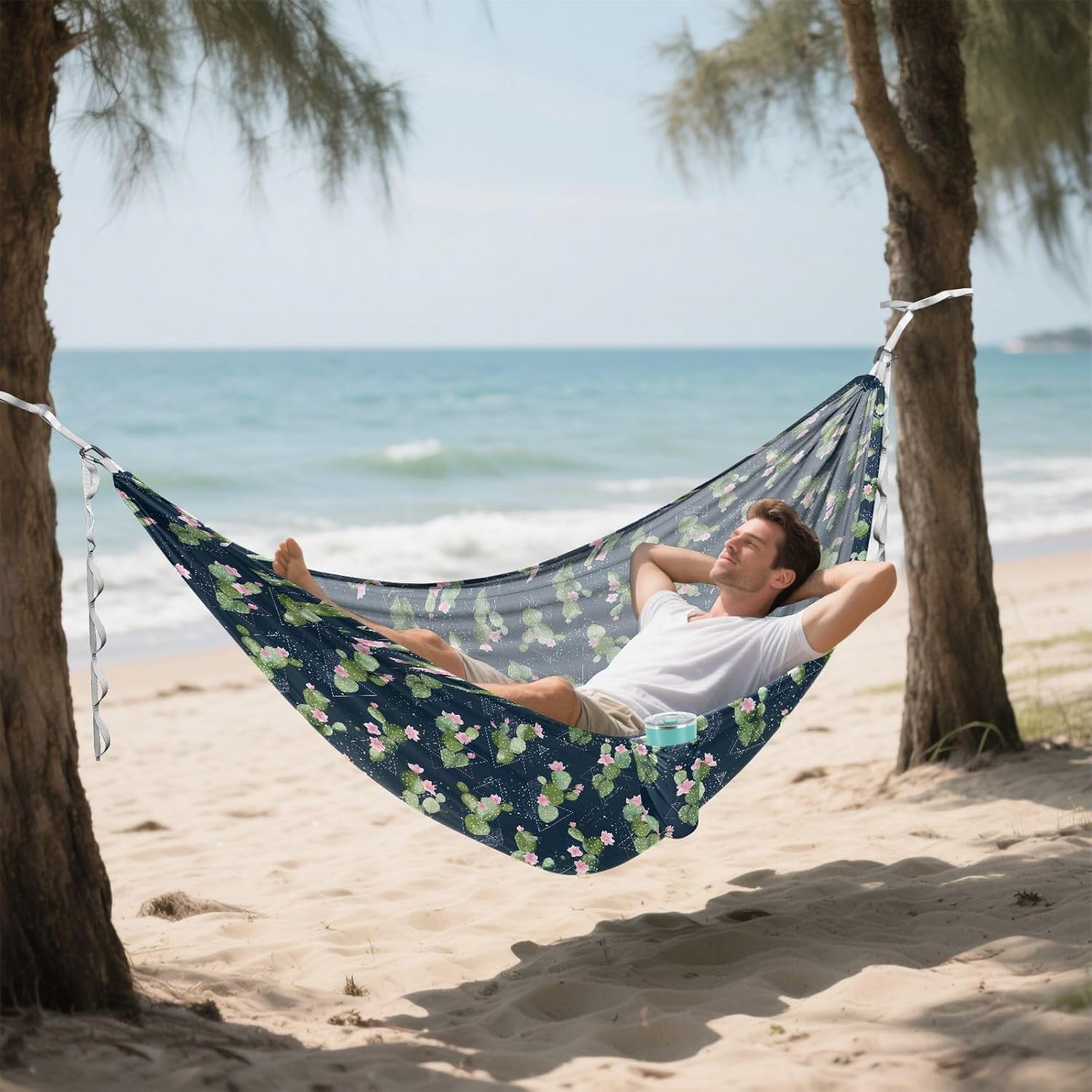 ALAZA Cactus Geometric Cacti Camping Hammocks Single or 2 Person 500 lbs Portable Parachute Travel Hammock w/Tree Straps for Hiking Backpacking Indoor Outdoor