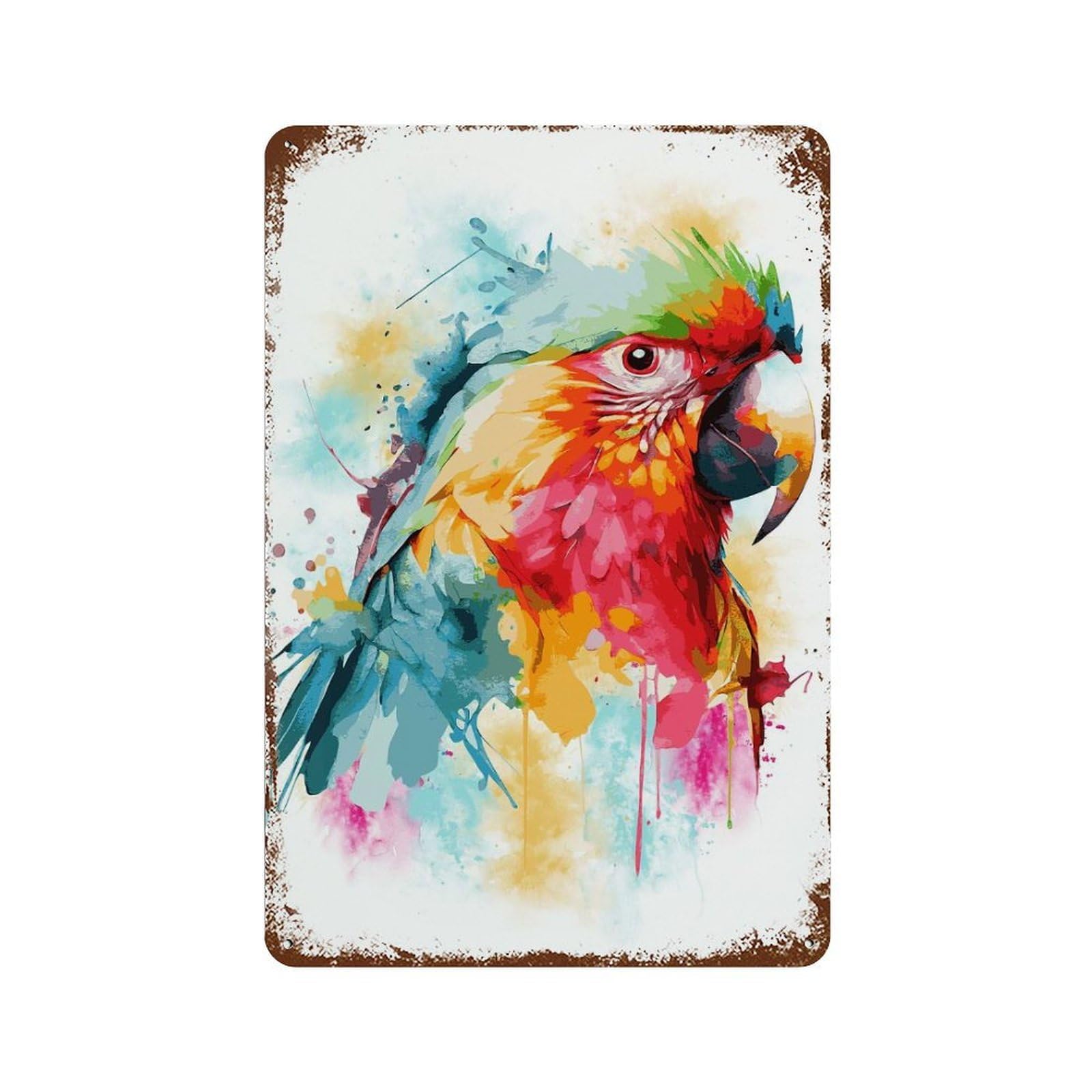 Rust Effect Colorful Red Macaw Parrot Aged Metal Wall Plaque 11.8"x7.9", Shabby Chic Decor for Basement, Hobby Room And Garage Decor