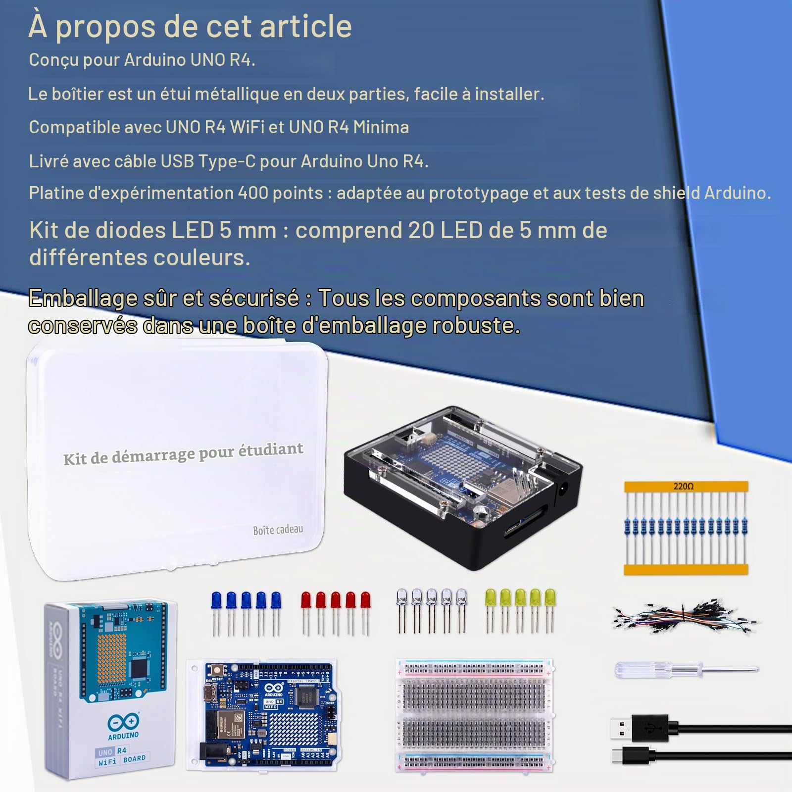 GeeekPi Kit de démarrage étudiant pour Arduino UNO R4 WiFi, avec Carte Officielle UNO R4 WiFi, Boîtier en métal avec Couvercle en Acrylique Transparent, Platine d'essai 400 Trous, USB-C Câble
