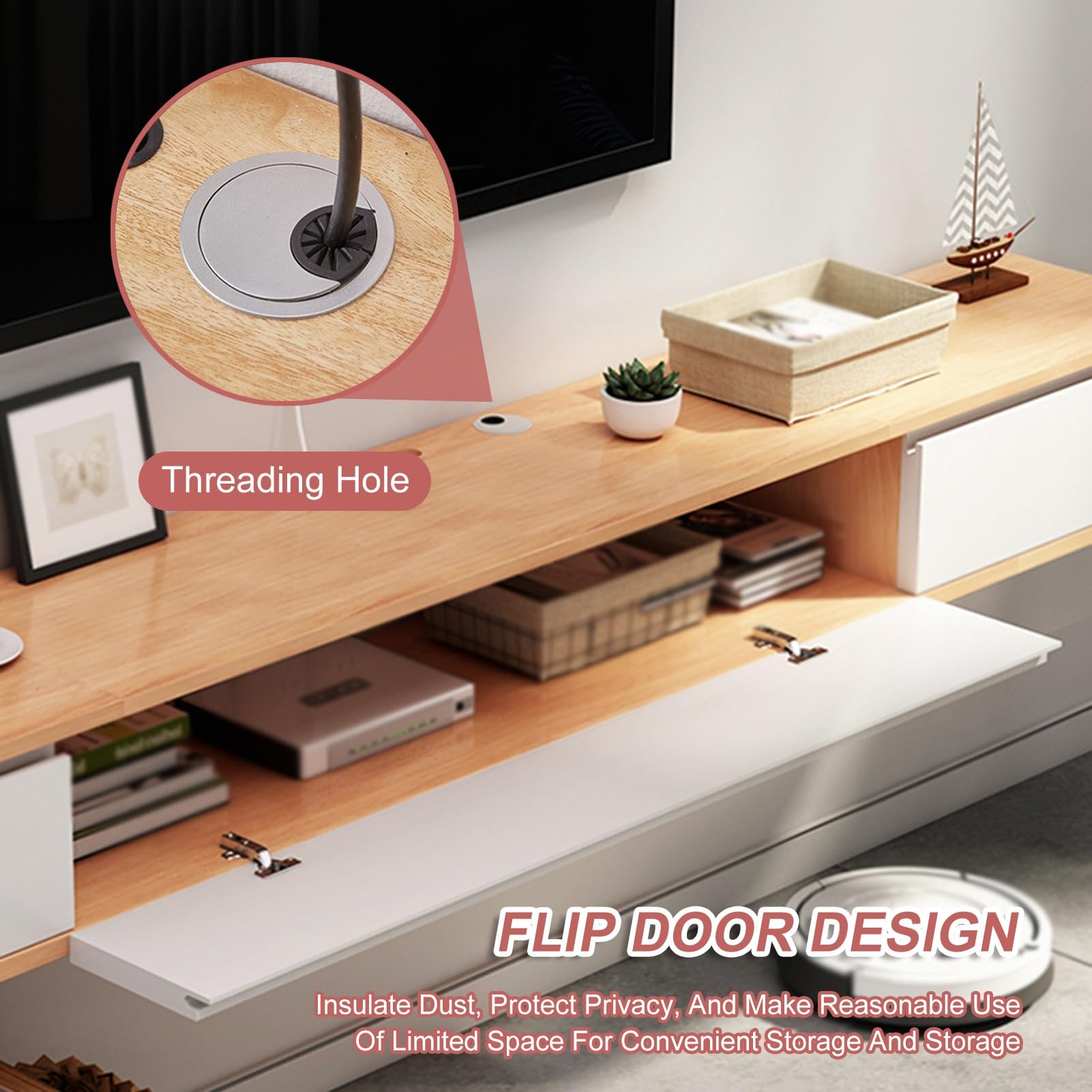Soporte De TV De Pared con 2 Cajones, Centro De Entretenimiento Flotante, Estante De Almacenamiento para Dormitorio O Sala De Estar, Blanco, 120 Cm.
