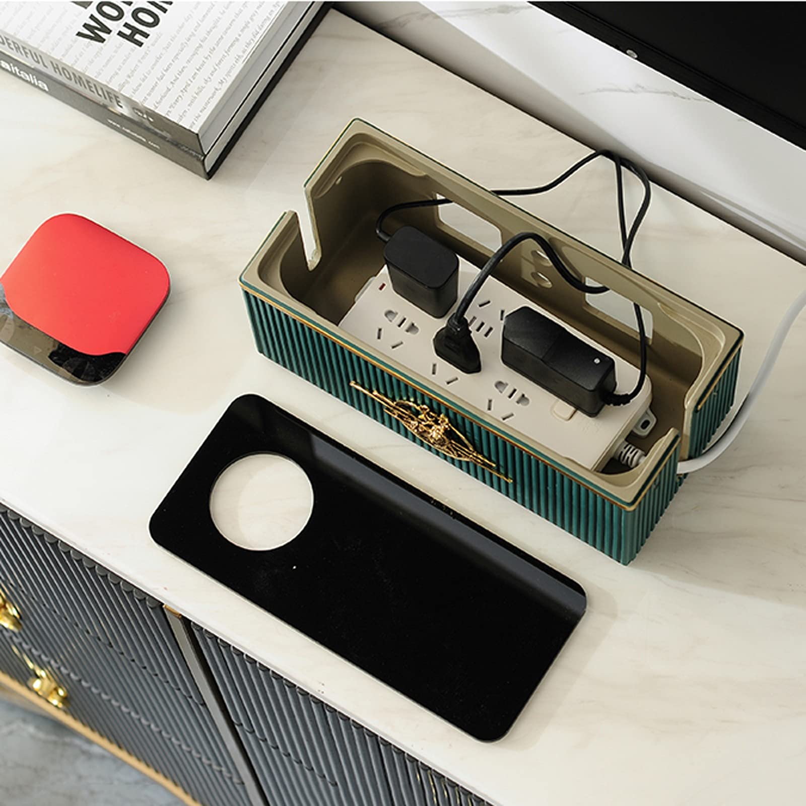 Kabelmanagement-Box Kreative Desktop-Steckdosenleiste Kabelaufbewahrungsbox Kunstharz-Kabelschutz Stilvoller Kabel-Organizer mit Handy-Ladekartensteckplatz für Kabelaufbewahrungsbox zu Hause und im