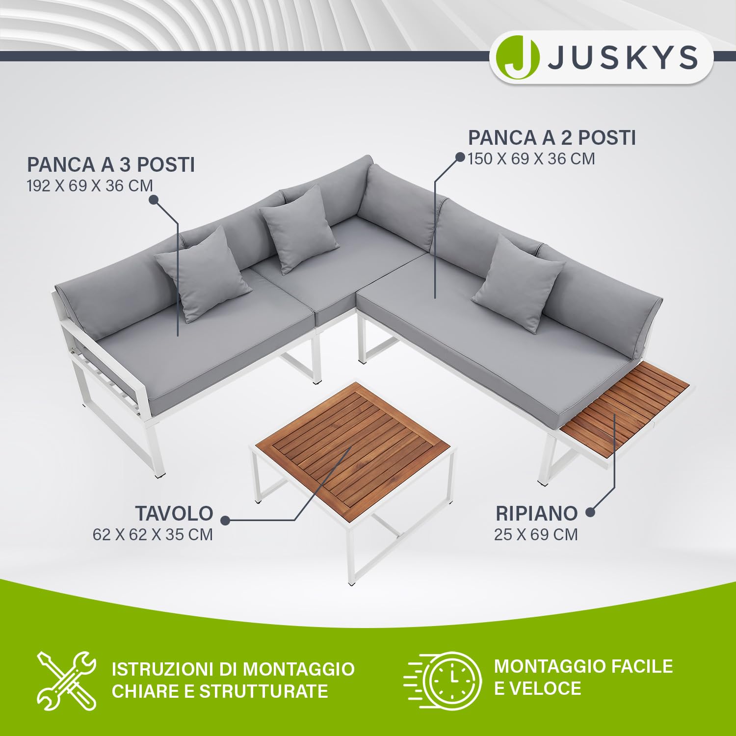 Juskys set di mobili St. Tropez - Per 4 persone - Tavolo, divano angolare e cuscini - Per balcone e giardino - Legno e bianco