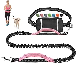 Hands Free Dog Leash Bungee Retractable Dog Running Waist Leash for Running Walking Jogging Training Hiking with Medium to Large Dogs, Adjustable Waist Belt Pouchouch, Reflective Stitches, Dual Handle