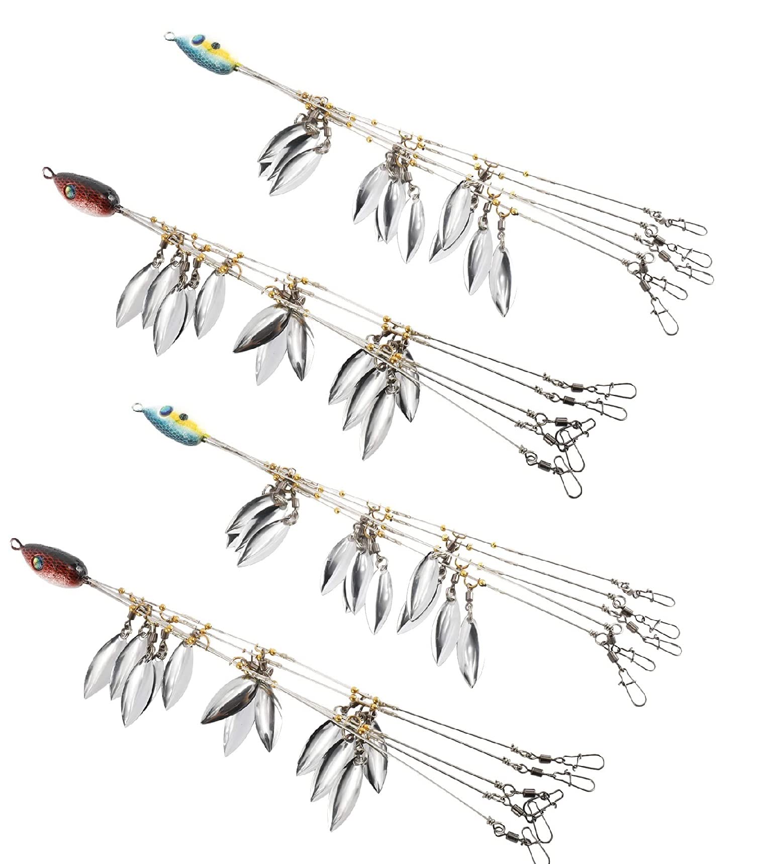 YaeMarine 4Pcs 5 Arms Alabama Umbrella Rig Fishing Lures Set Alabama Rig Kit with 12 Multi-Lure Spinner Baits Willow Blade Ultralight Lure for Bass Fishing Artificial Bait Fishing Baits and Lures
