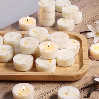 Vanilla Scented Tealight Candles, 8 Pack- Extended 4-5h Clear Cup Scented Tea Lights with Handmade Floral Surface, 100% Natural Palm Wax Tealights Smokeless for Home Cozy Night, Holidays