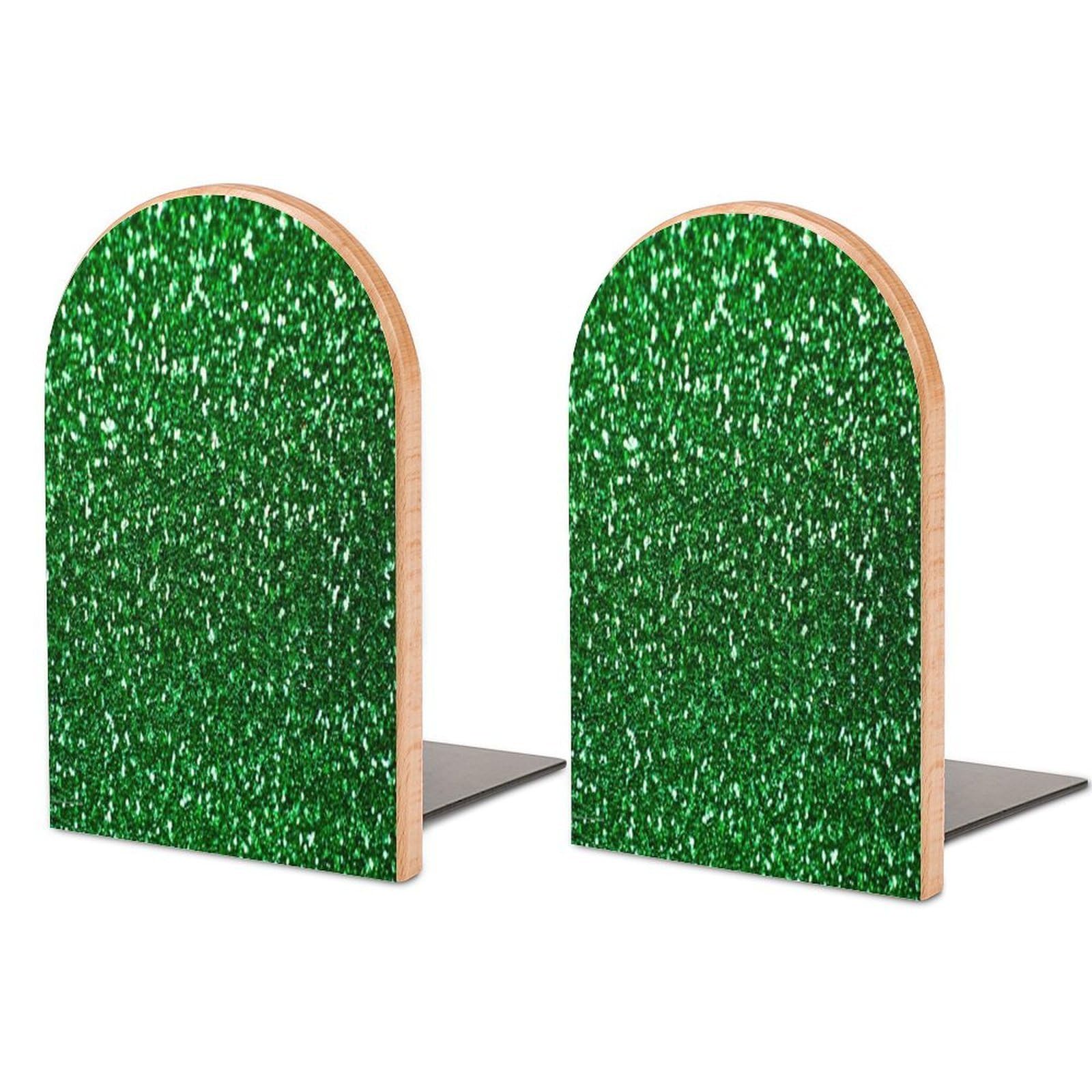 Sujetalibros de madera con lentejuelas verdes y soporte moderno