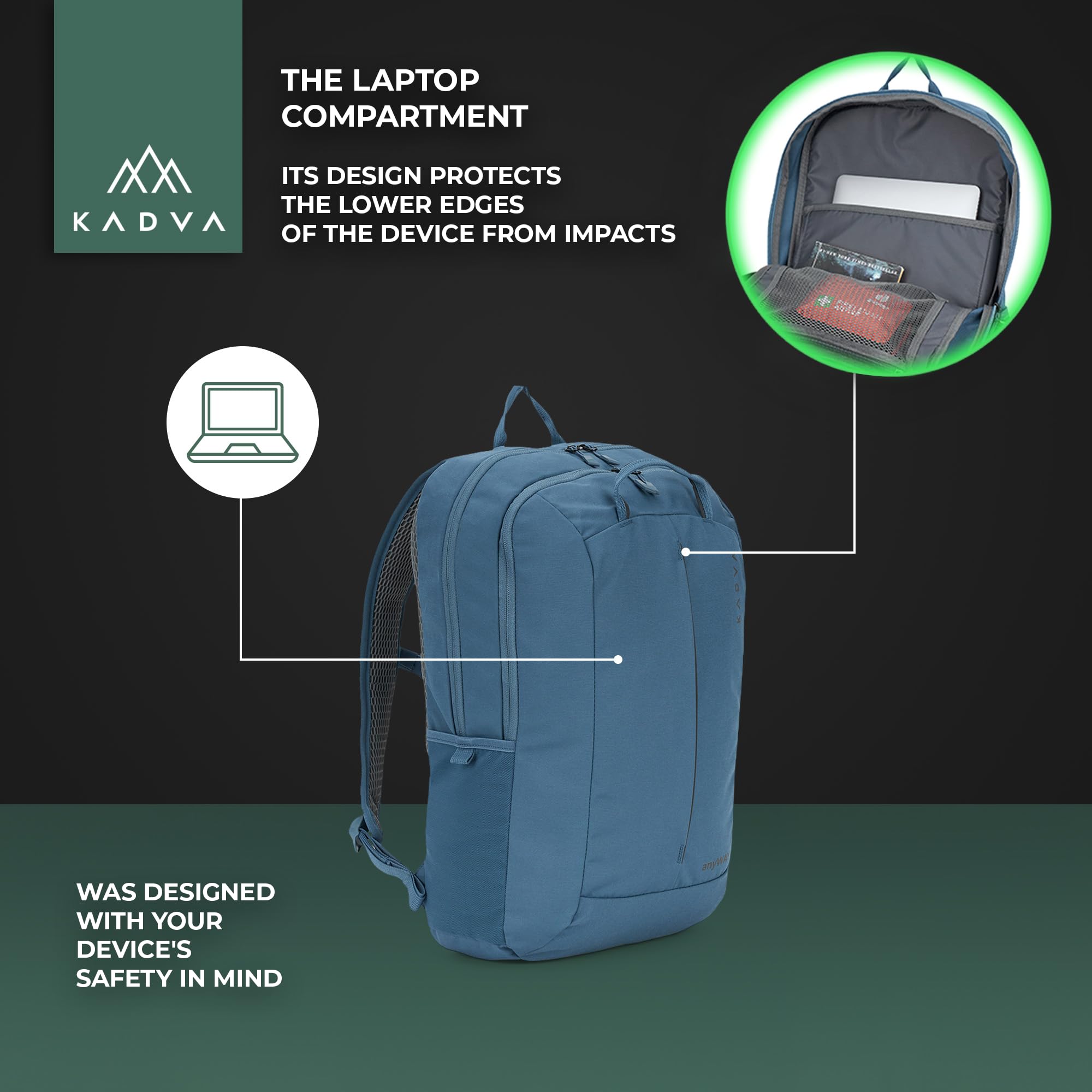KADVA anyWAY 25 l - hybrydowy plecak miejski/krótki wypad - 25 × 40 × 15 cm - 2 uchwyty (poziomo/pionowe), 2 kieszenie + kieszeń przednia, organizer, laptop 16", pas piersiowy, odblaskowy | Poliester, regulowane dopasowanie