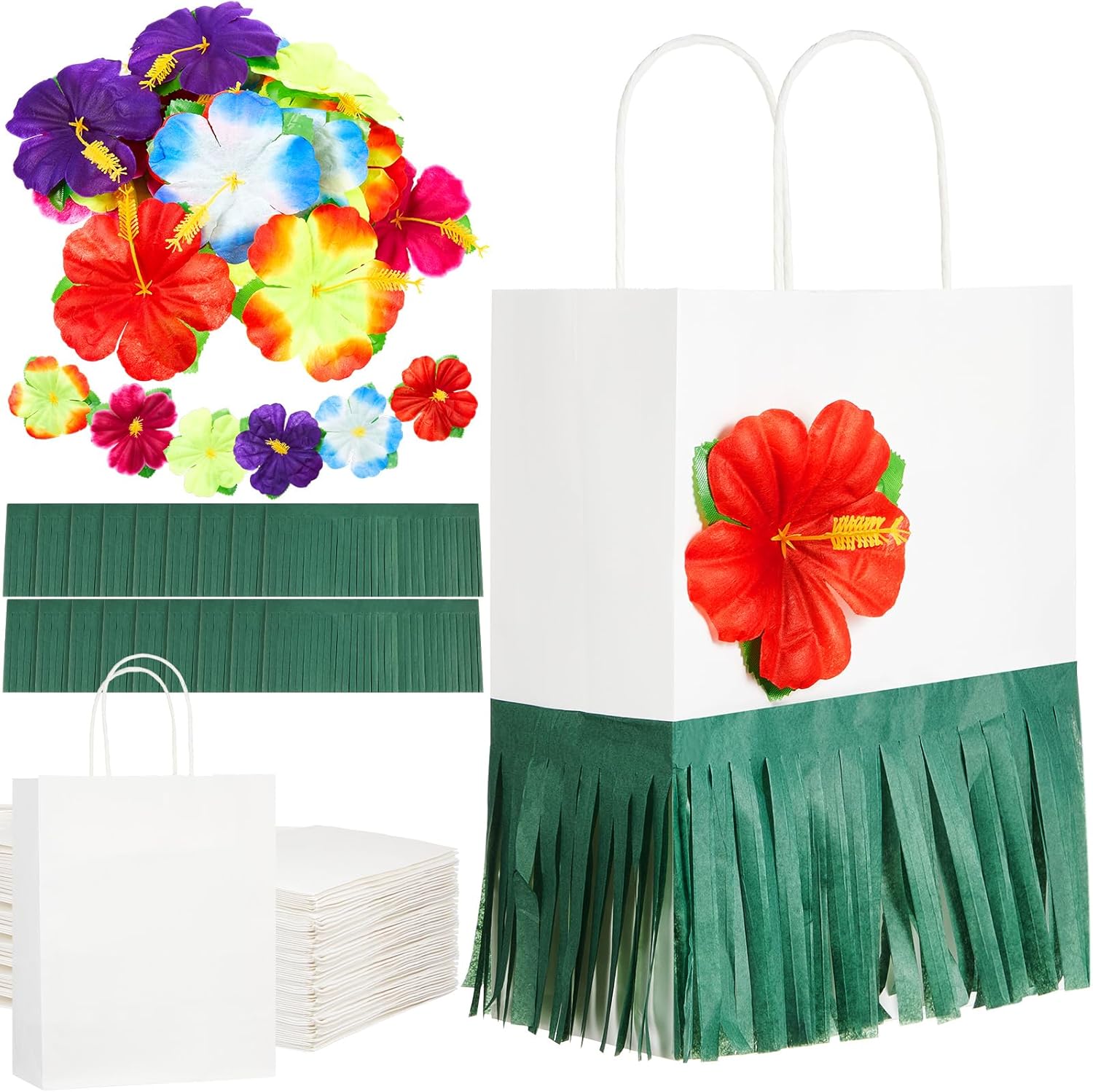 Suncalla 24 Set Hawaiian Tropical Party Gift Bags Bulk with Hibiscus Flower Grass Skirt, Luau Aloha Goodie Bags Kraft Paper for Summer Beach Bridesmaids Bachelorette Wedding Party Favors(Brown)