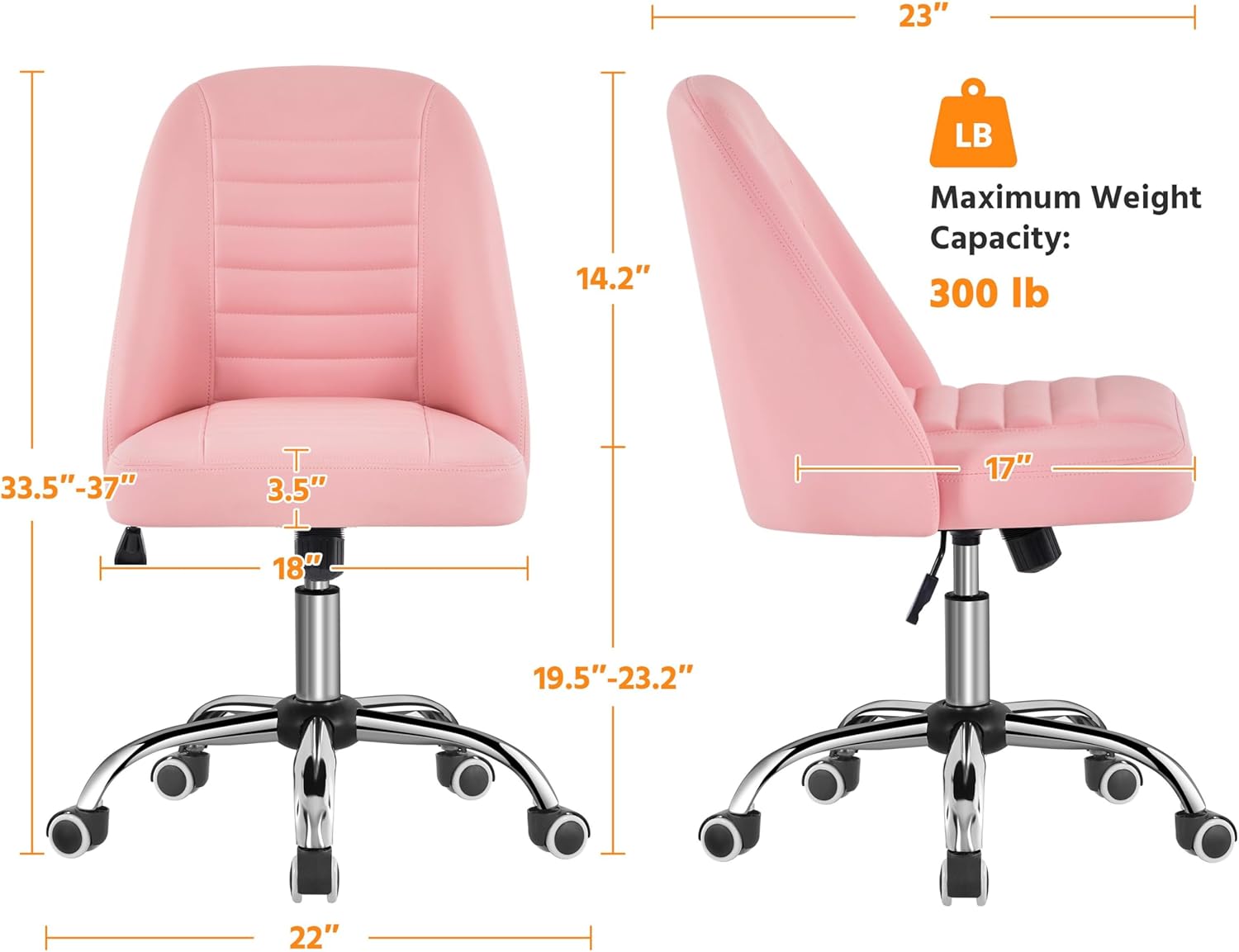 Yaheetech Mid Back PU Leather Armless Desk Office Chair, Modern Comfy Vanity Chair with Rolling Wheels, Metal Base Pink