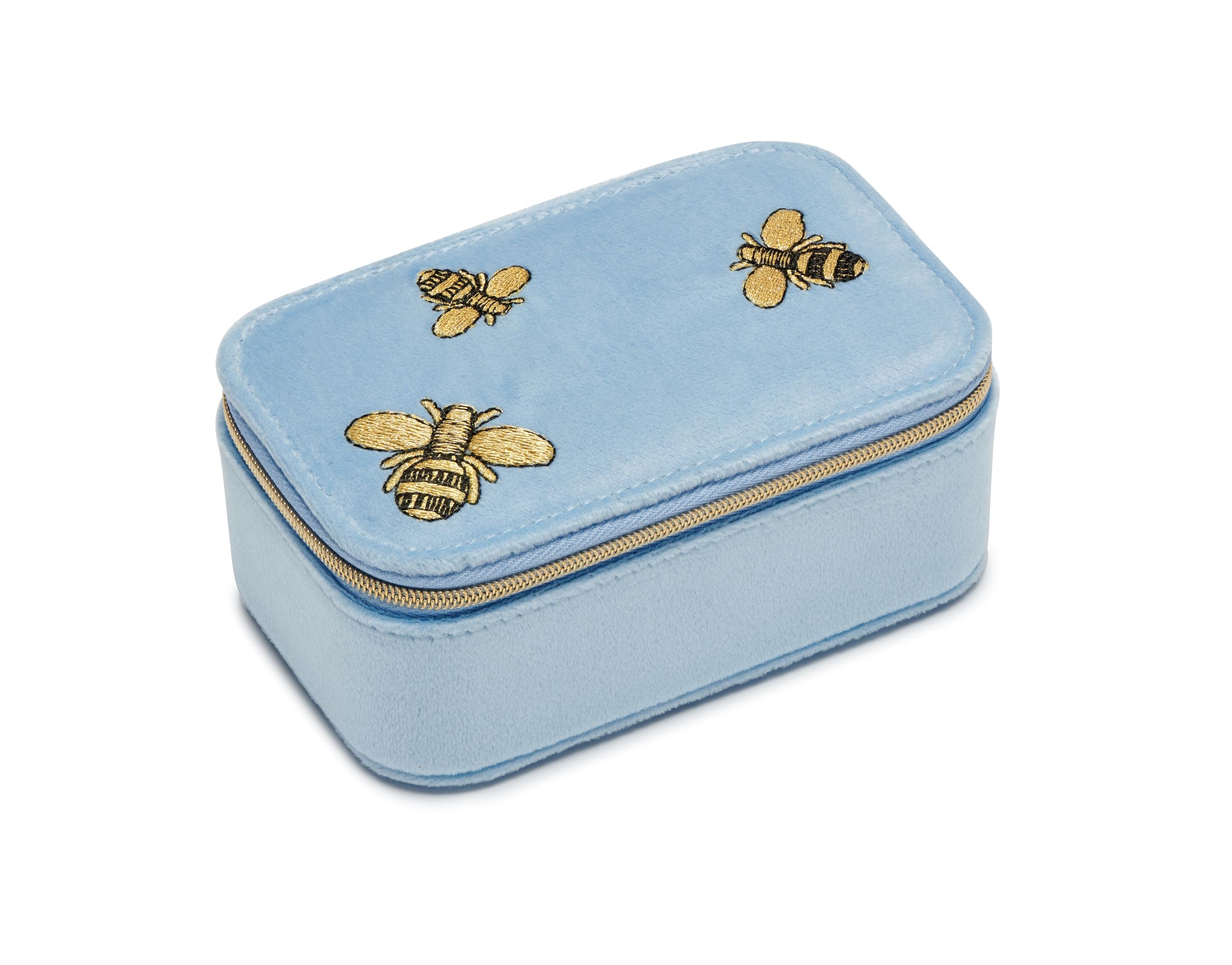 Estella Bartlett Women's Blue Scattered Bees Velvet Mini Jewellery Box – Travel Jewellery Case For Compact Zip Storage Organiser For Rings, Earrings & Necklaces, Gift For Her