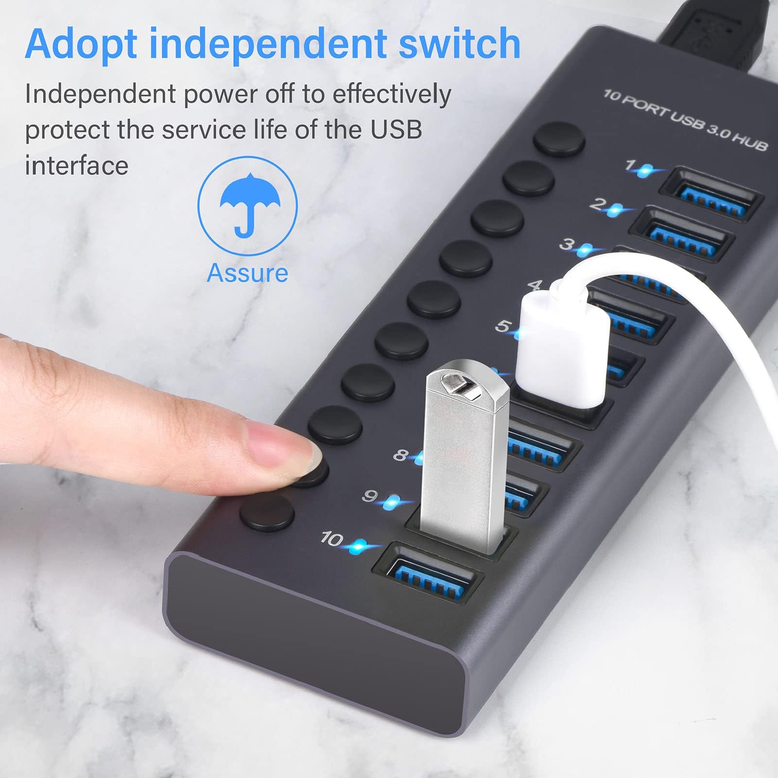 Ejoyous Hub USB 3.0 con Alimentatore, Hub USB 3.0 a 10 Porte da 60 W con Interruttore On/off e LED per Laptop Pro Air PC (Spina europea)