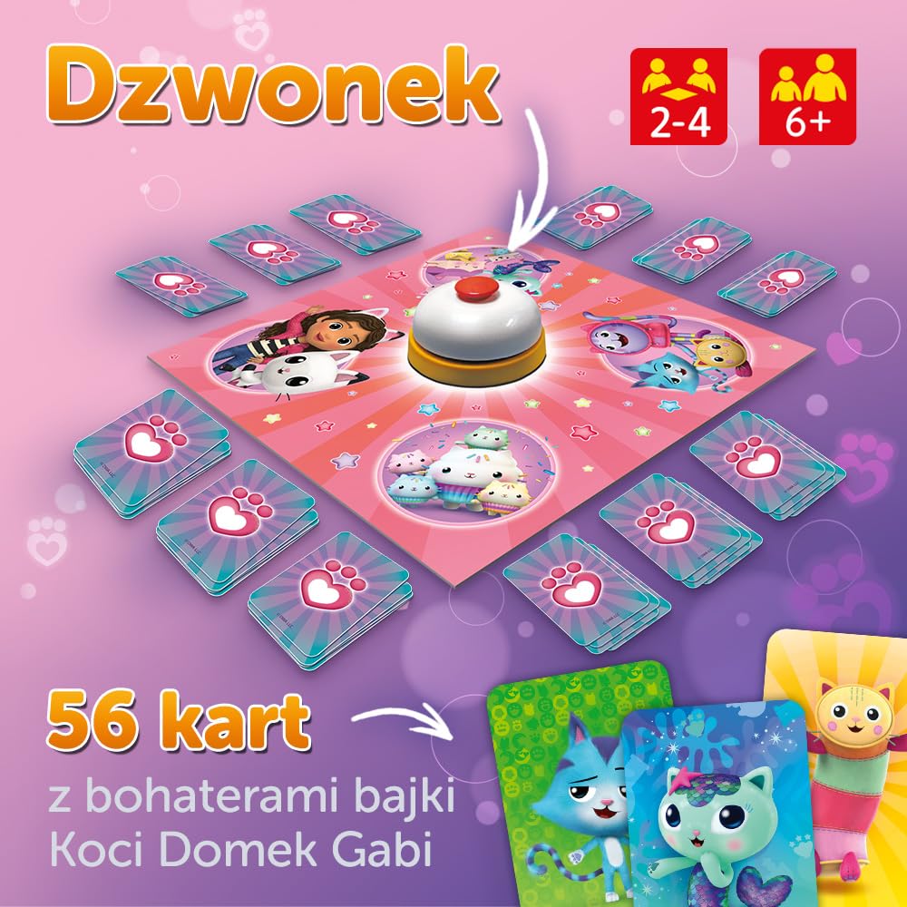 Trefl - Boom Boom, Gabby's Dollhouse - Dynamiczna Gra Rodzinna, Szalona Rozgrywka z Dzwonkiem, Zabawa Dla Całej Rodziny, Gra Karciana z Bohaterami Bajki Koci Domek Gabi, dla Dzieci od 6 lat