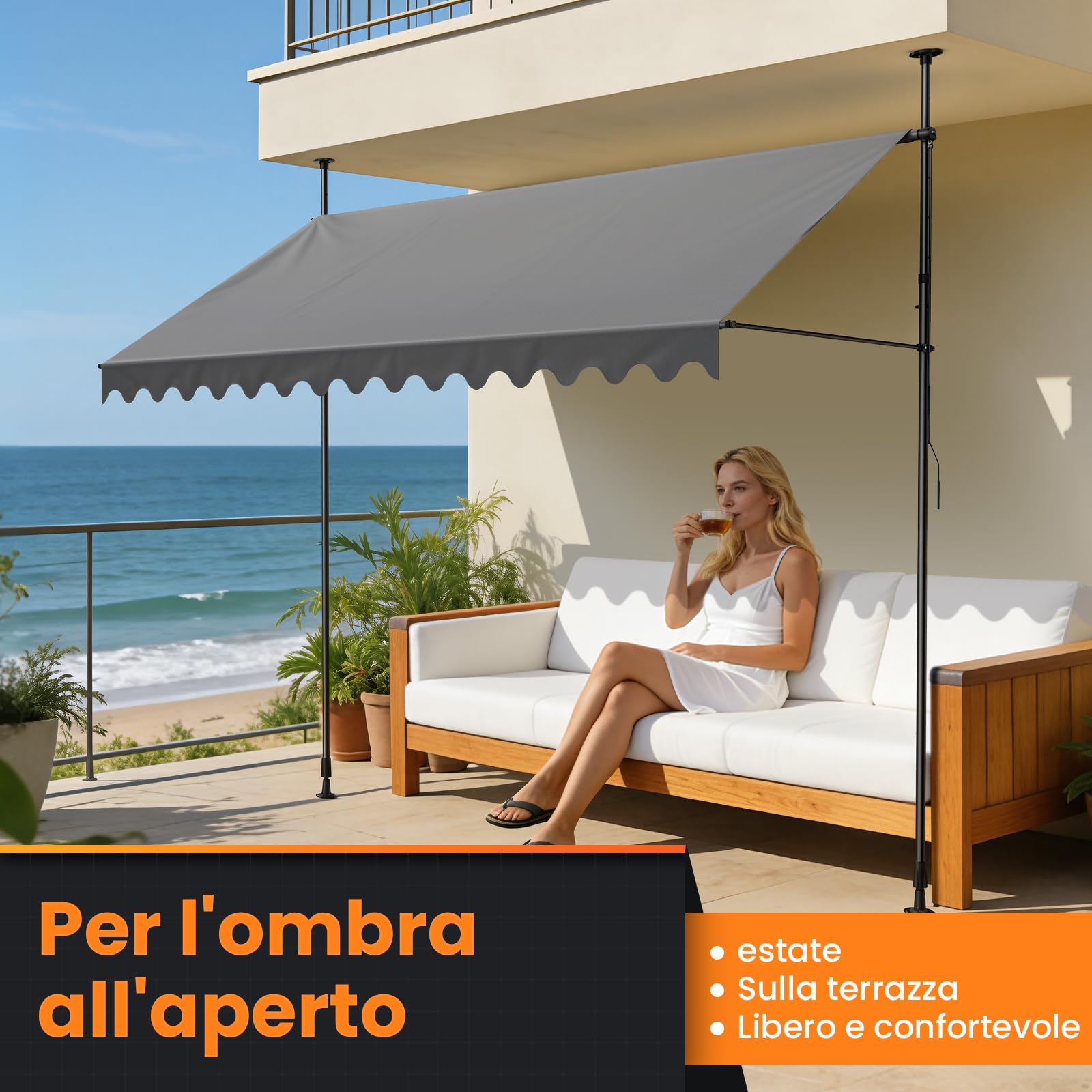 Tenda da Sole a Bracci con Manovella | Protezione Balcone, Regolabile, Senza Forare, a Manovella | Tenda resistente per Esterno ai raggi UV e regolabile in Altezza | Grigio (300 x 180 cm)