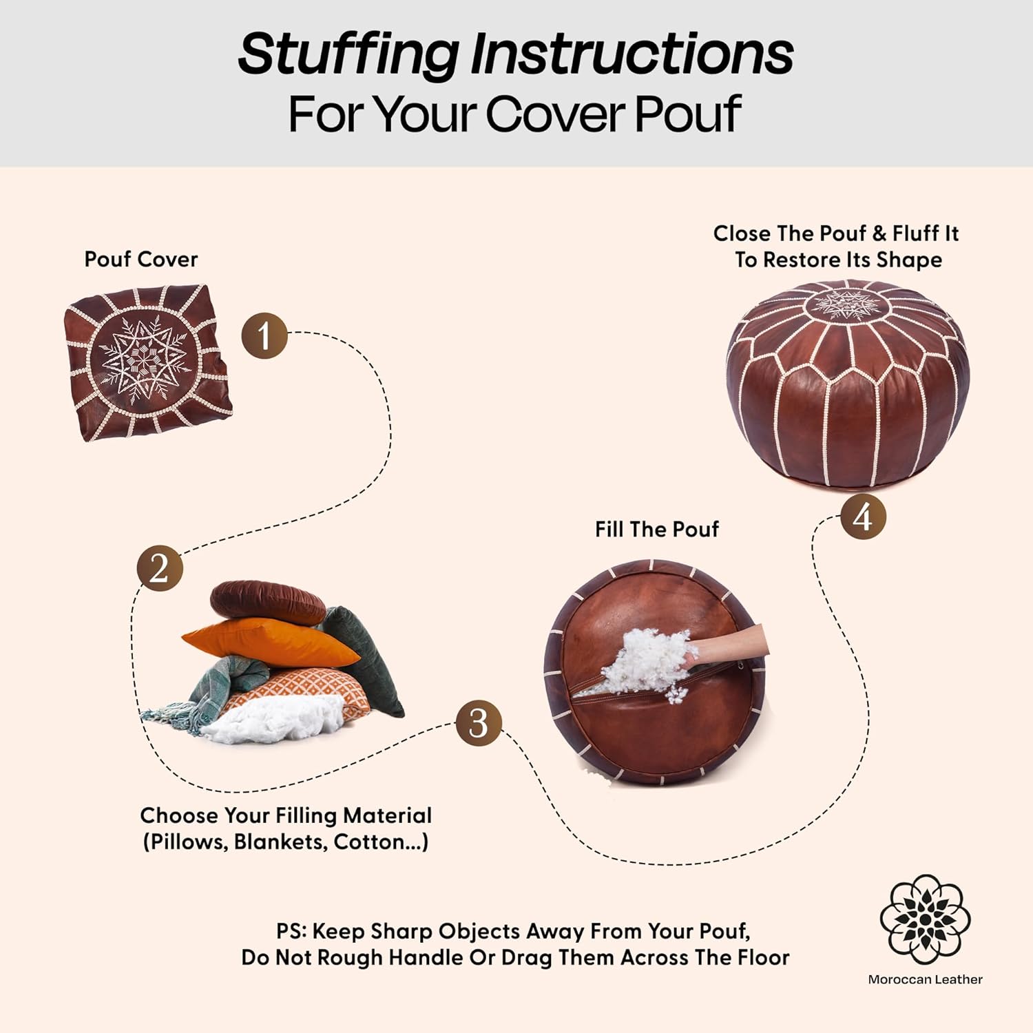 Moroccan Leather Handmade Pouf Ottoman Cover, Unstuffed Foot Stool, Round Boho Footrest for Living Room, Bedroom, Home Decor Gift (Dark Brown)