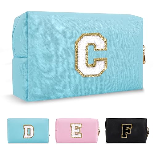 Miniatura 129 de Bolsa de maquillaje personalizada con inicial A-Z Preppy Patch, pequeña bolsa de cosméticos de PU con letra de chenilla y cierre para niñas Negro