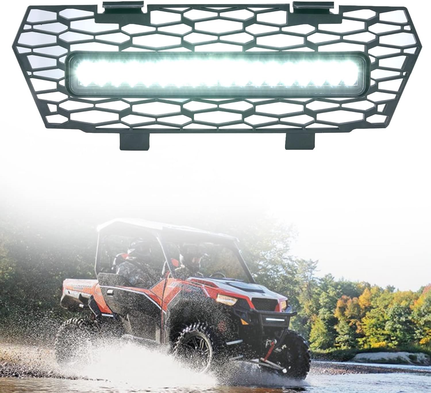 HAKA TOUGH General Front Grill With Light for 2016 2017 2018 2019 2020 2021 2022 Polaris General 1000/4 1000 Accessories 2016-2024, Black Mesh Grille with LED Light Bar