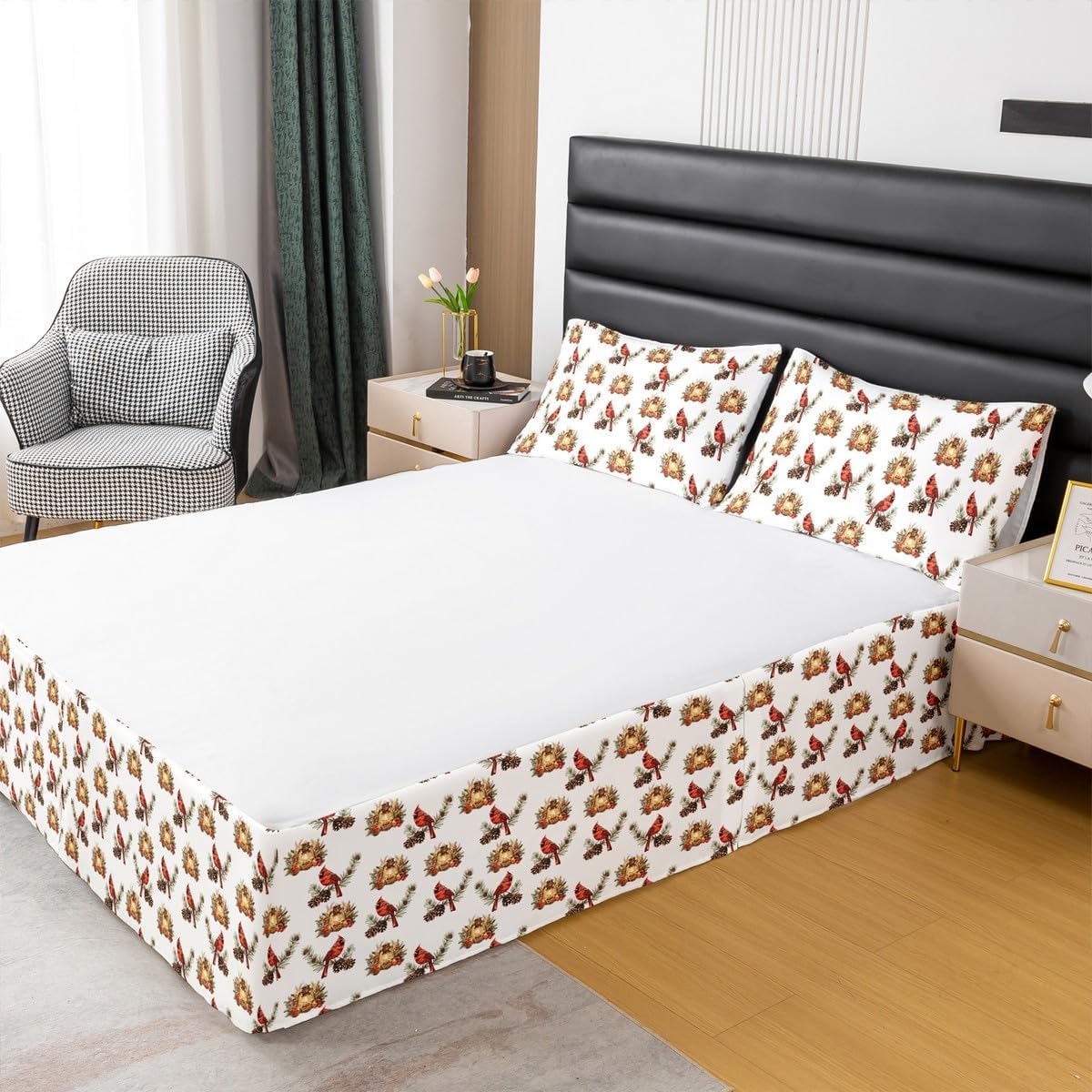 Feelyou Merry Christmas Dust Ruffle Pleated Bedskirt Christmas Tree Bedding Bed Skirts for Kids Boys Girls Santa Claus Bed Skirt Pink Diamond Check Fitted Sheet with 2 Pillowcases 3Pcs Bedding Queen