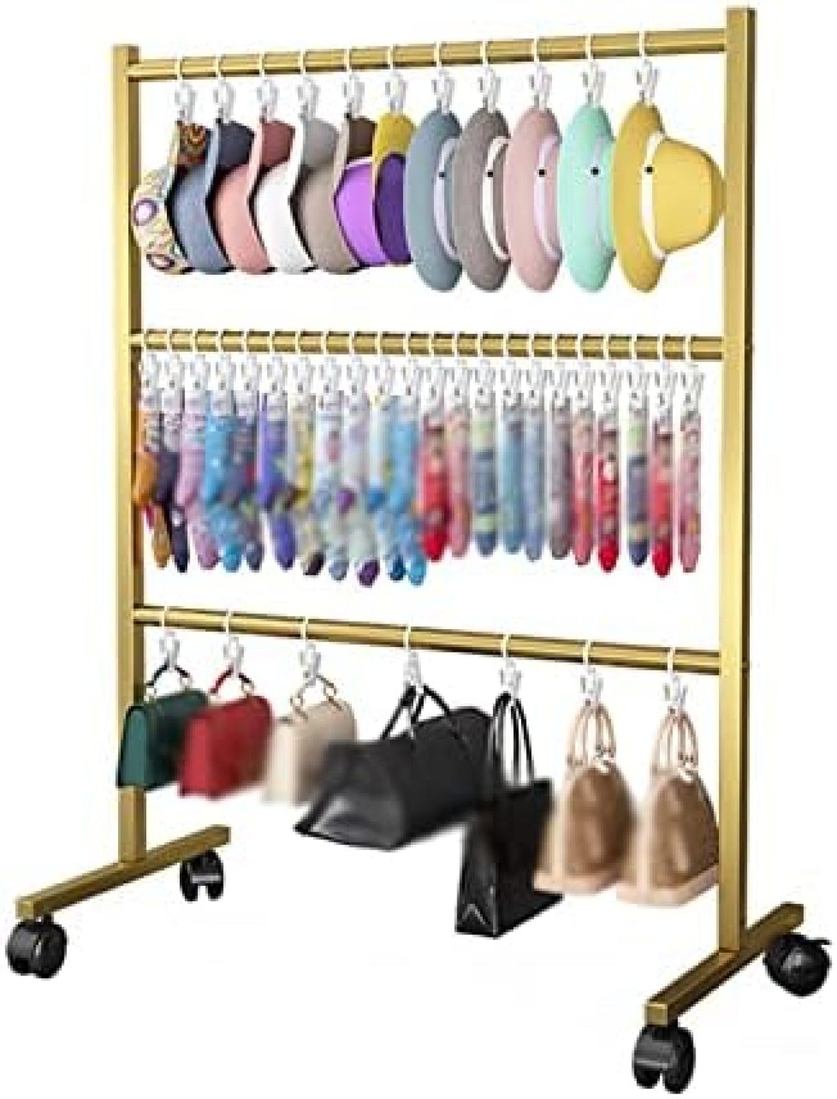 Estante De Almacenamiento Multifunción para Sombreros/Bolsos/Calcetines, Organizadores De Soporte De Sombrero De Metal De 3 Niveles con Ruedas, Soporte De Exhibición De Gorras De Béisbol,Oro,YUYAN