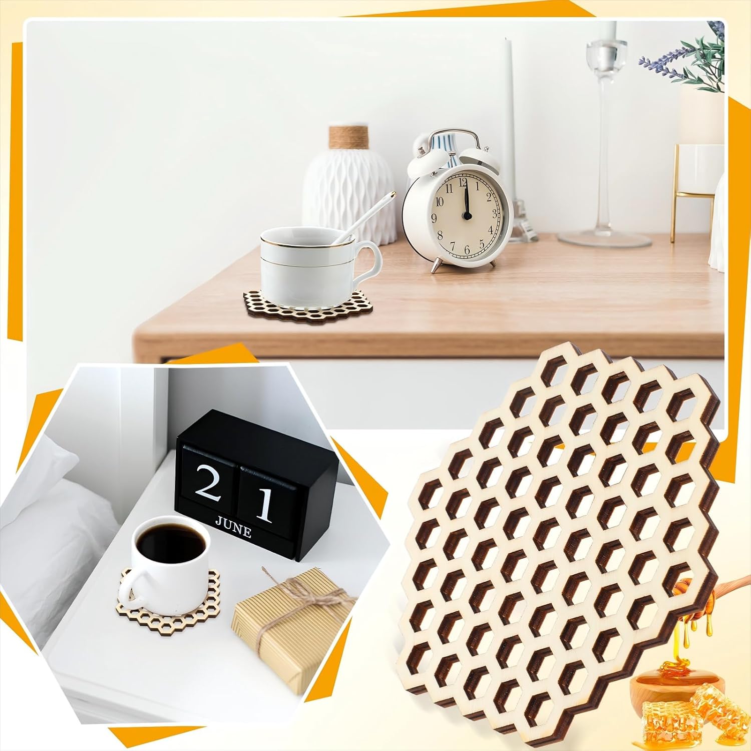 Cindeer 8 Pcs Honeycomb Wood Coaster Set Hollow Hex Honey Comb Wooden Coaster Hexagon Honeycomb Coasters Honeycomb Wooden Cup Cushion Mug Mats for Housewarming Gift Coffee DIY Bar Home Decor - Image 6