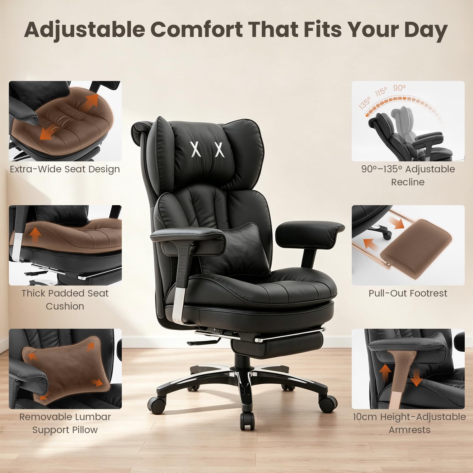 Efomao Silla de Oficina Grande, Silla de Escritorio de Piel PU con Bordado en X, Respaldo Alto Ajustable, Reposapiés, Soporte Lumbar, Silla Ejecutiva Ergonómica 200 kg