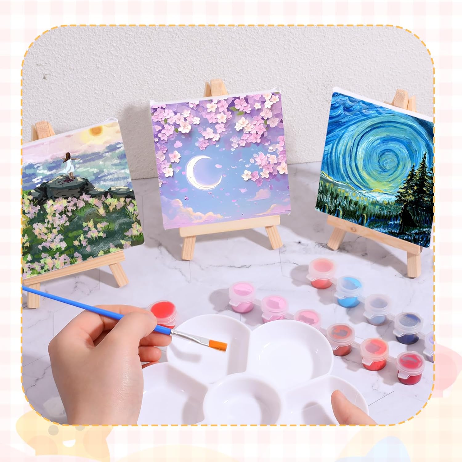 JJUNW 24 Pack Small Painting Canvas with Mini Easel, 4 x 4 Inch Mini Canvases with Easel Sets Art Canvases Painting Kit with Wood Display Easels for Adults & Kids Party Classroom Crafts