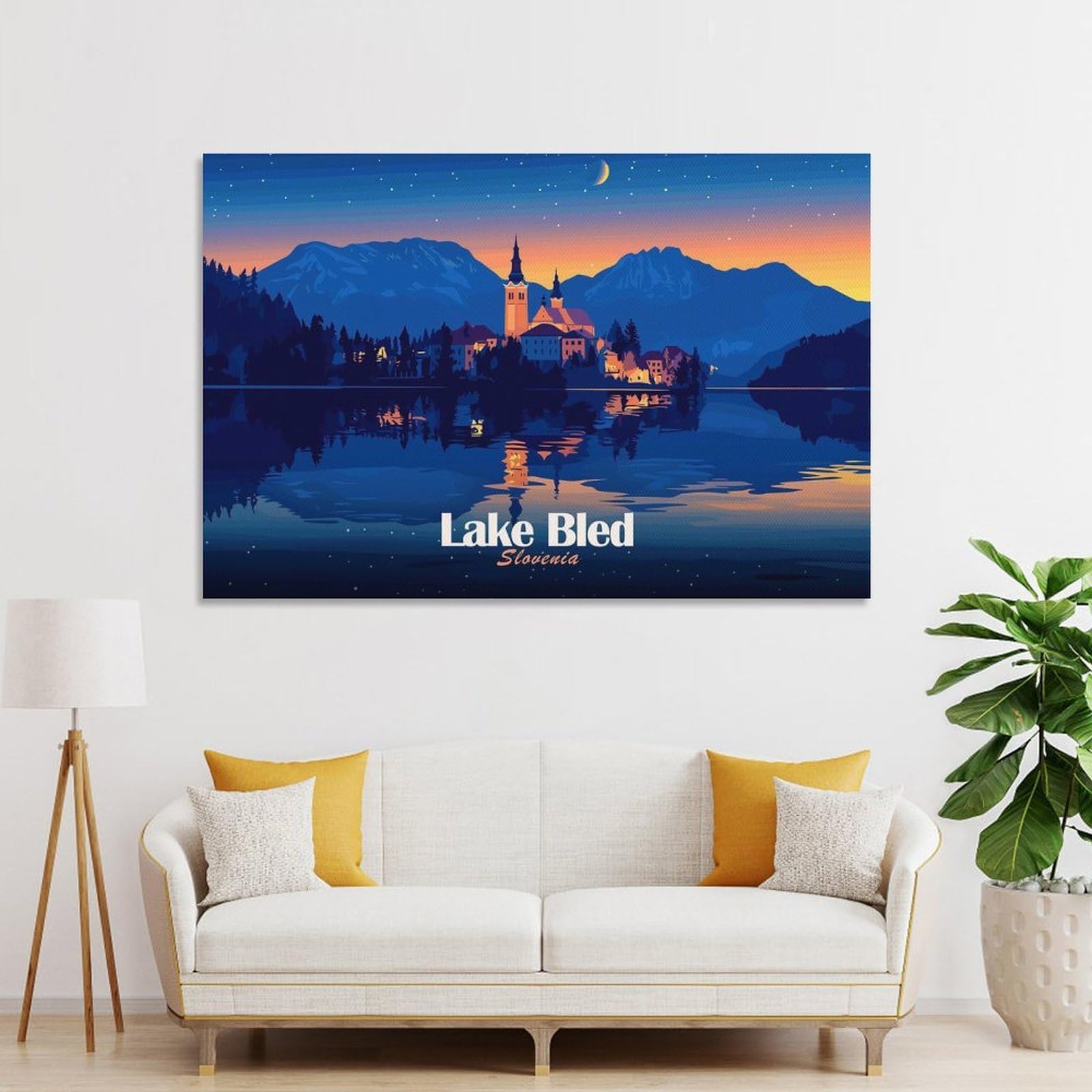 Junmoney Unframe-Style-3-1 Decorative Wall Artwork Lake Bled Slovenia At Night, 20X30inch(50X75cm), For New Homes, Bedrooms Or Workspaces, Canvas Artwork With Gifting Potential
