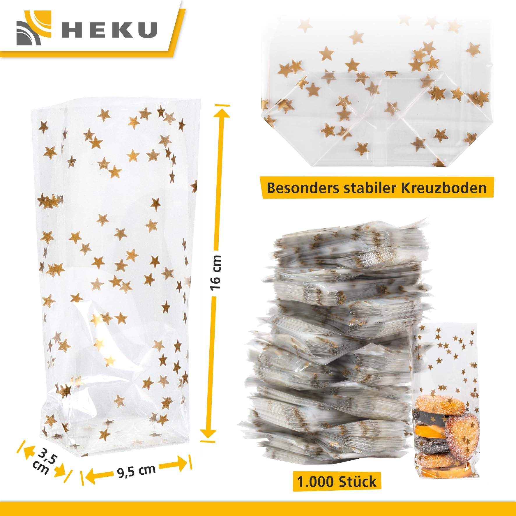 HEKU 1000er Packung Transparente Bodenbeutel mit goldenen Sternen 160x95x35mm I Stabiler Kreuzboden I Reißfestes Polypropylen Material I Ideal für Weihnachten & selbstgebackene Plätzchen