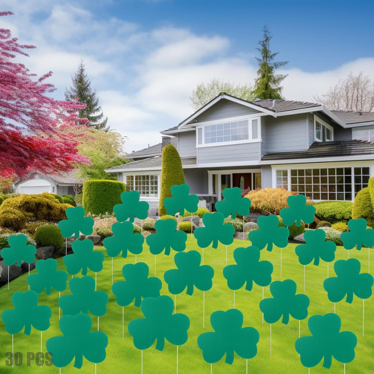 30 Pcs St. Patrick's Day Shamrock Yard Signs with 60 Stakes Lucky Green Clover Lawn Signs for Indoor Outdoor Home Decorations Saint Paddys Day Yard Lawn Patio Accessories Party Supplies