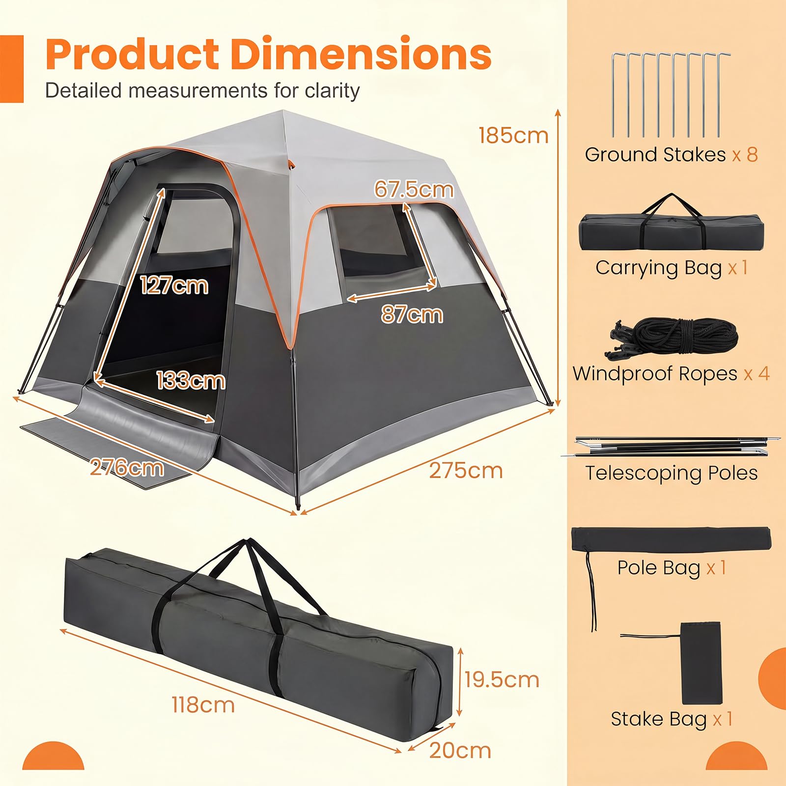 HOMASIS Tenda da Campeggio per 5-6 Persone, 276 x 275 x 185 cm | Tenda a Cabina da Esterno Impermeabile con Porta, Finestre e Lucernari in Rete, Borsa da Trasporto, per Viaggi e Escursionie
