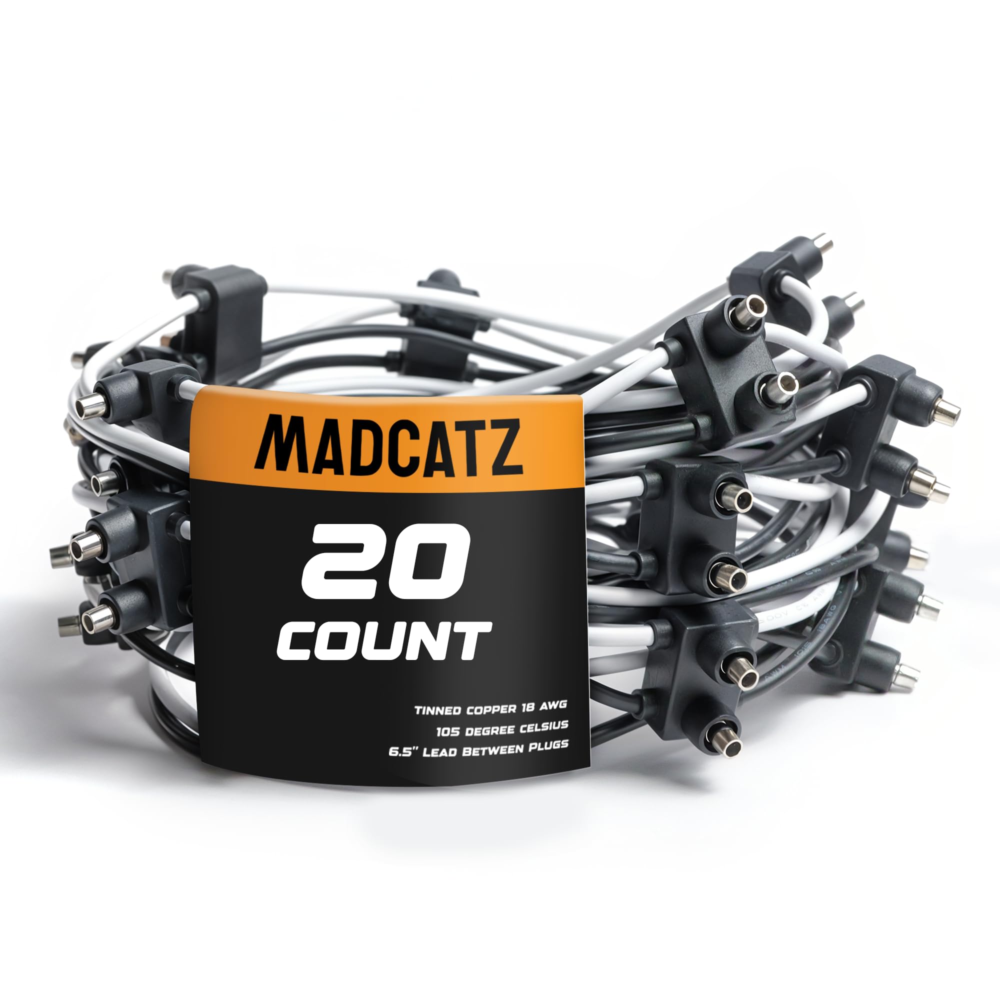 MADCATZ 20 Counts 18AWG Double Male Bullet Plug 2-Prong Continuous Wire Harness Roll - 6 Inch Lead Between Plugs, Side Marker Lights, Truck, Trailer,