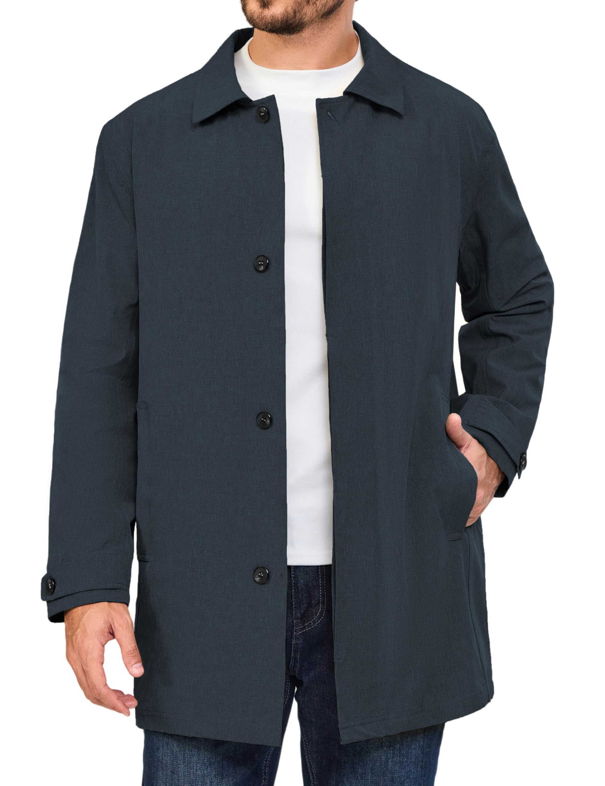 Little Donkey Andy Men's Waterproof Mid-Length Trench Coat, Lightweight Long Rain Coat, Single Breasted Overcoat