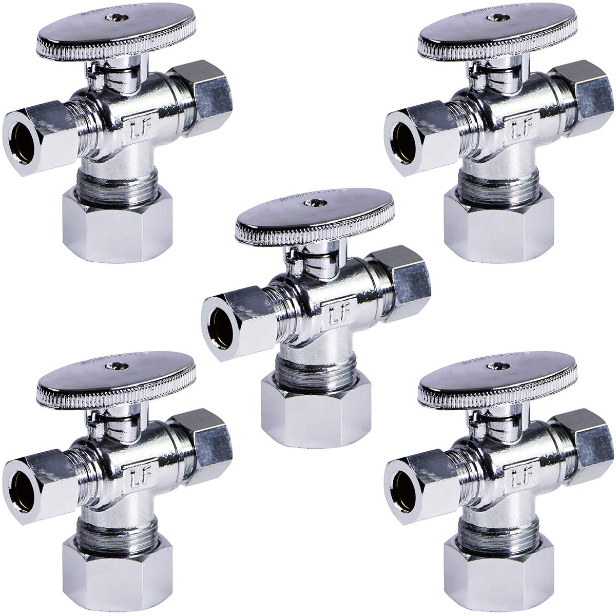 Midline Valve 86358QS-OM-5 Water Supply Angle Stop Valve; Dual Outlet; Quarter Turn Wheel; for Toilet, Sink, Dishwasher; 5/8'' x 3/8'' x 3/8'' Compression; Chrome Plated Brass (5 PK)