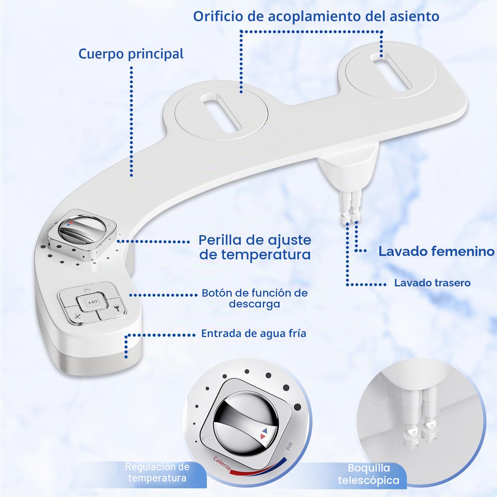 Bidet para WC Portátil No Eléctrico, Adaptador Bidet para Inodoro Doble Boquilla Retráctil, Presión de Agua Ajustable