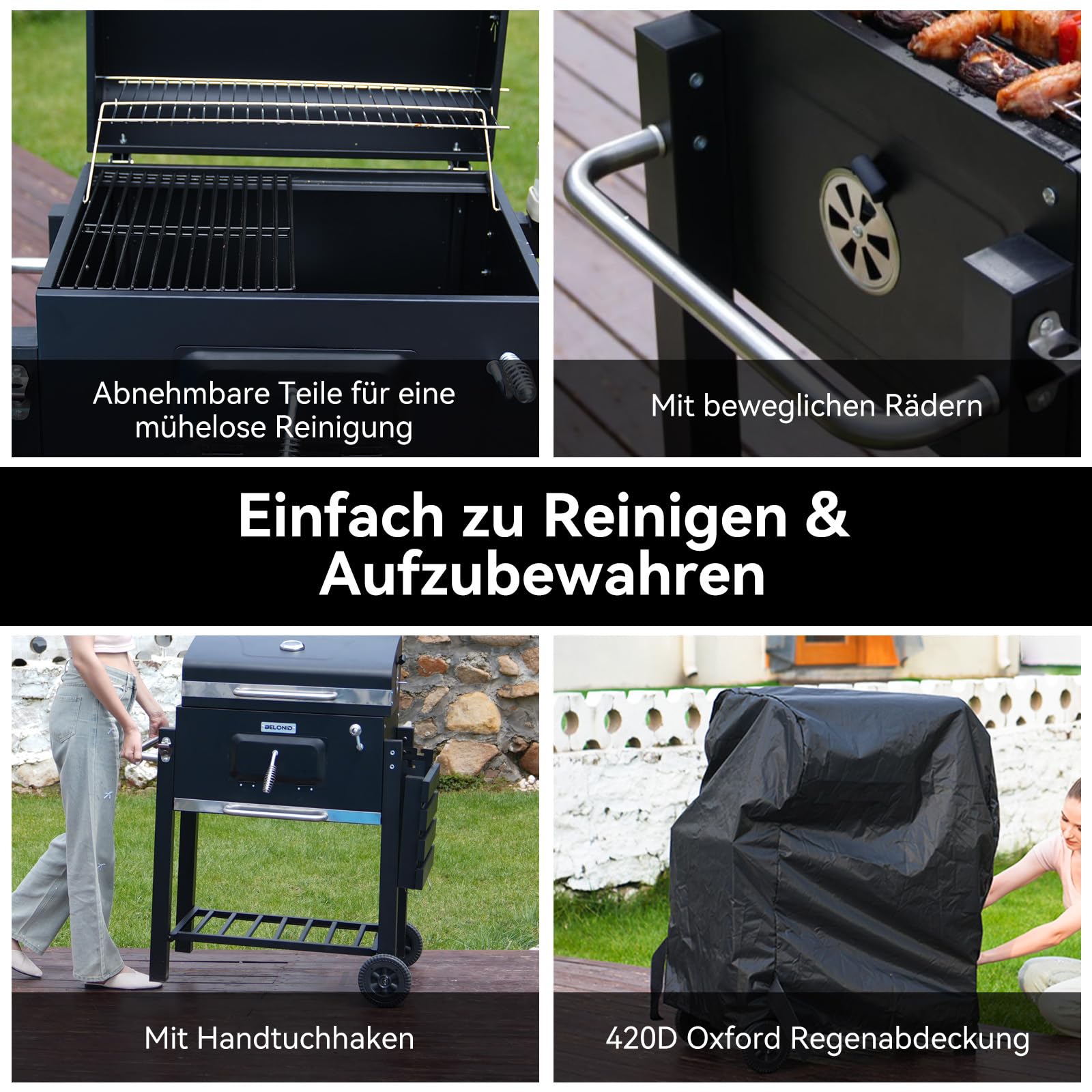 Holzkohlegrill, Grill mit Deckel, Grillfläche: 56×42.5 cm, Höhenverstellbare Kohlenwanne, Faltbarer Seitentisch, Mit Grillabdeckungen Wasserfest