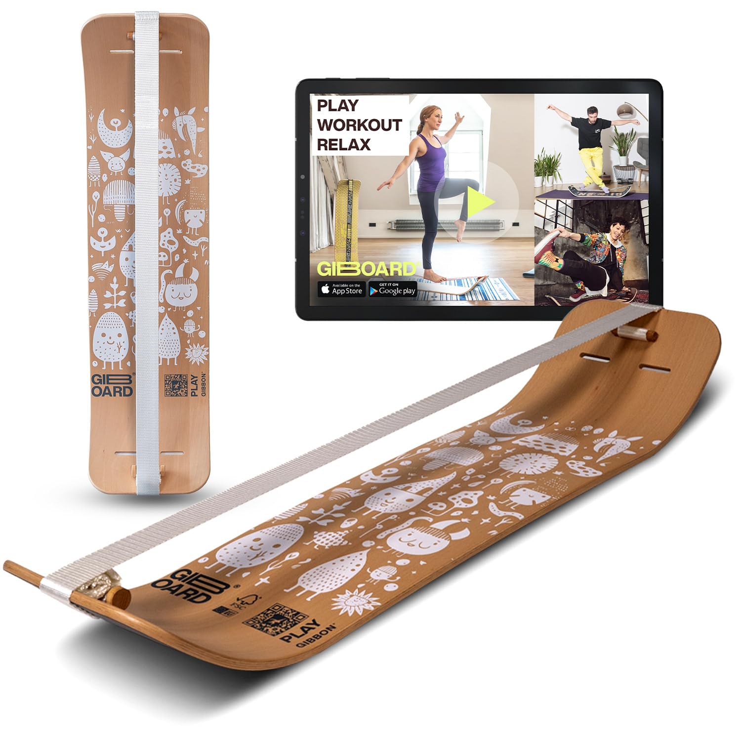 Gibbon Giboard Set Play White Slackline Complete Balance Board Including Strap and Tension System - Beech Wood FSC Minimalist & Fun White Design