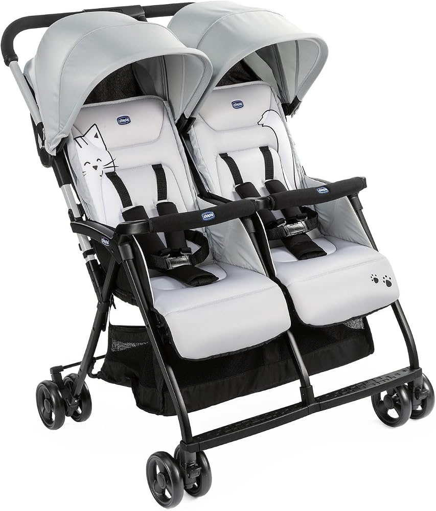 Chicco OHlalà Poussette Double Tandem, Légère Inclinable et Pliable, pour Jumeaux dès la Naissance jusqu’à 15 kg, Fermeture Compacte, Housse de Pluie Incluse, Capote Extensible – Gris