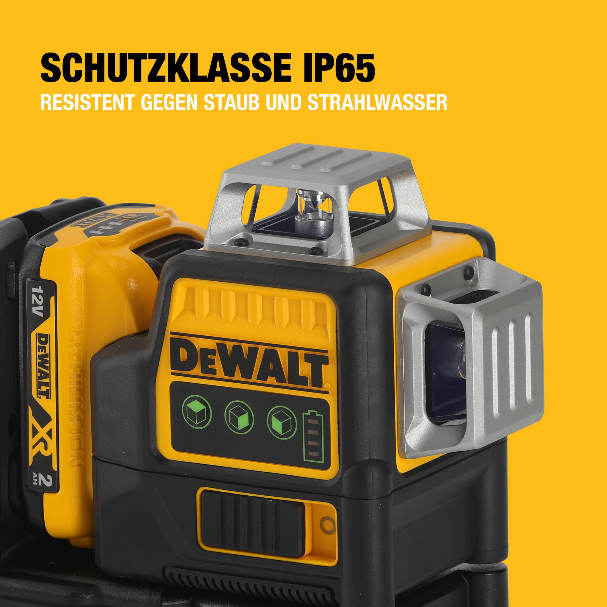 DEWALT XR 3 x 360° Akku-Multilinien-Laser grün (Selbstnivellierender Laser, mit Pulsmodus für Empfängereinsatz, Schutzklasse IP65, inkl. 12 Volt 2 Ah Akku und Ladegerät), DCE089D1G-QW