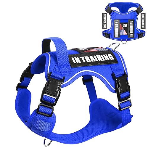 WINSEE Service Dog in Training Harness with 5 PCS Patches, Reflective Tactical Dog Vest Harness, Adjustable Soft Oxford Pet Harness with Easy Control Handle, Hook & Loop Panels for Walking Hiking