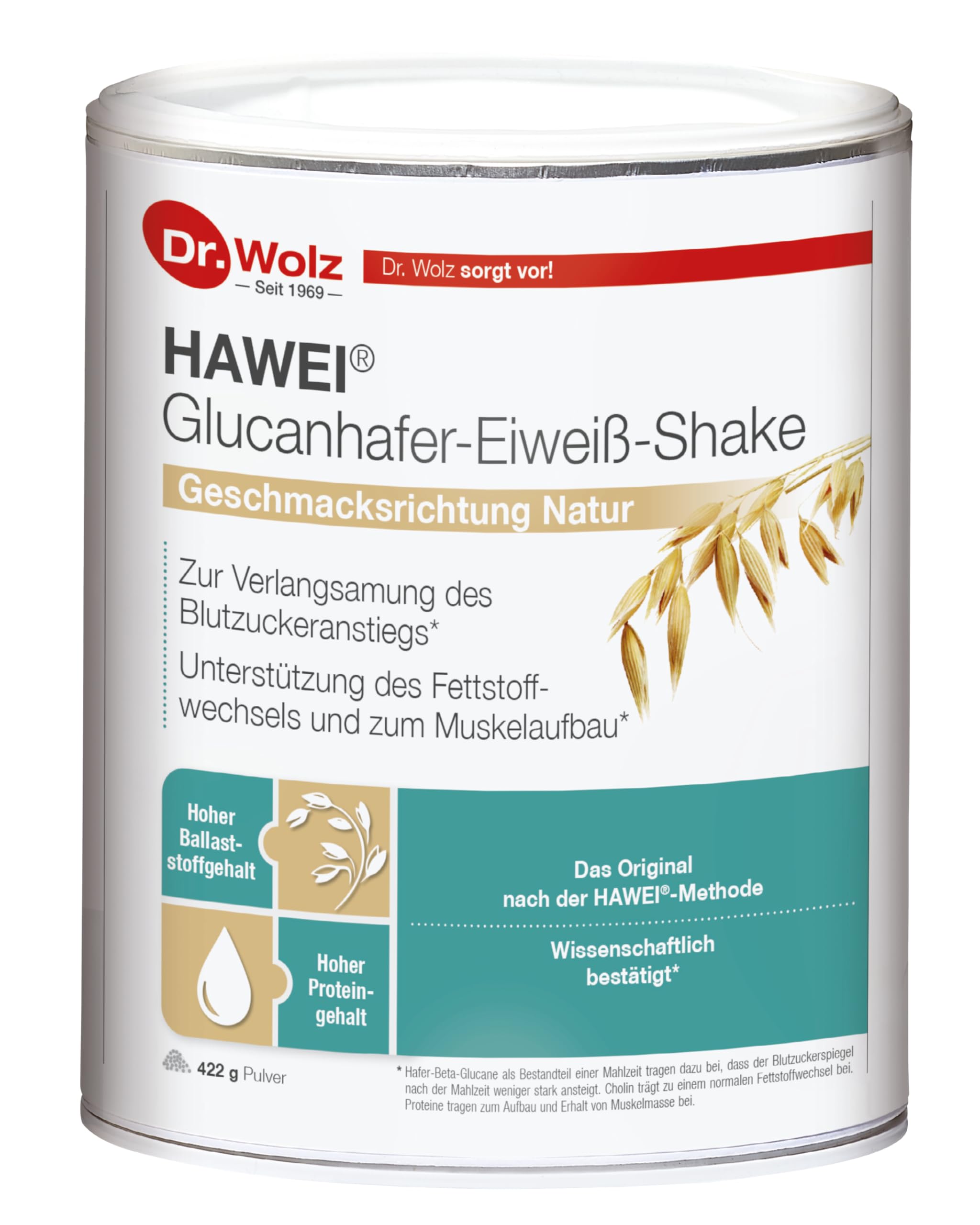 Dr. Wolz HAWEI® Glucanhafer-Eiweiß-Shake 422g – Kombination aus hochwertigem Eiweiß mit Beta-Glucan-Hafer aus Skandinavien – das Original nach der HAWEI®-Methode – Geschmacksrichtung Natur