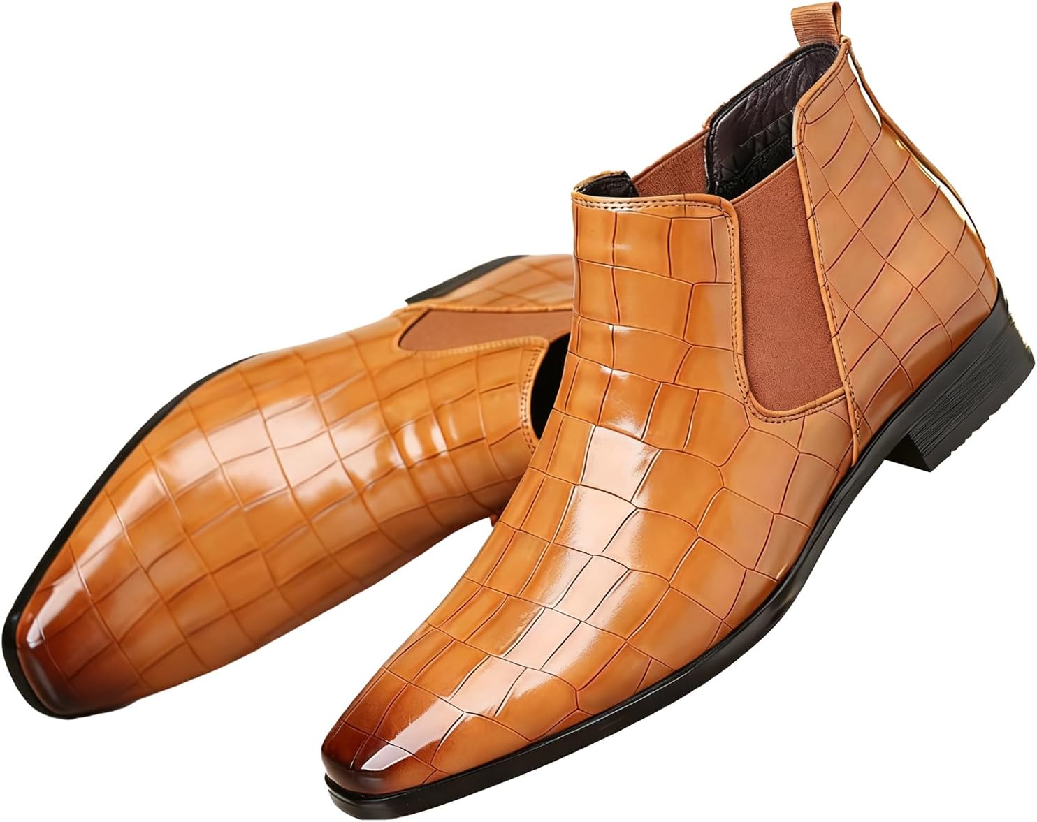 Fashion Chelsea Boots for Men's Leather Print Pointed Toe Slip-On Low Chunky Heel Retro Dress Business Chukka Ankle Oxford Boots for Formal Wedding Party Causal Work