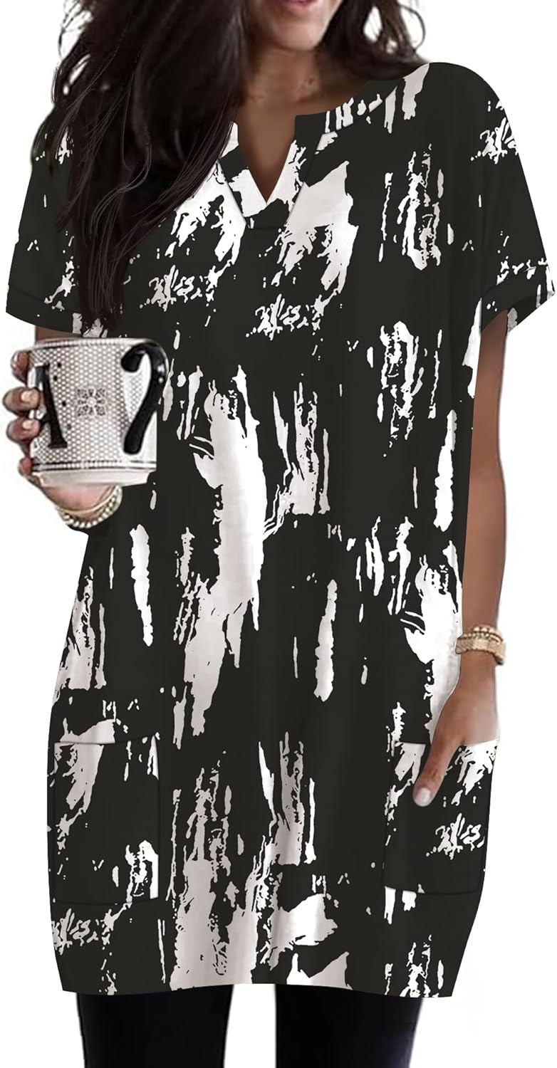 Rapbin Womens Tunics or Tops to Wear with Leggings Short Sleeve V Neck Long T-Shirts with Pockets 2026 Spring Shirts