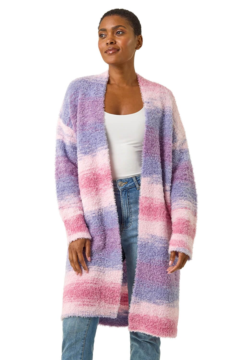 Roman Women's Fluffy Stripe Longline Cardigan Sweater in Pink | Size: 18