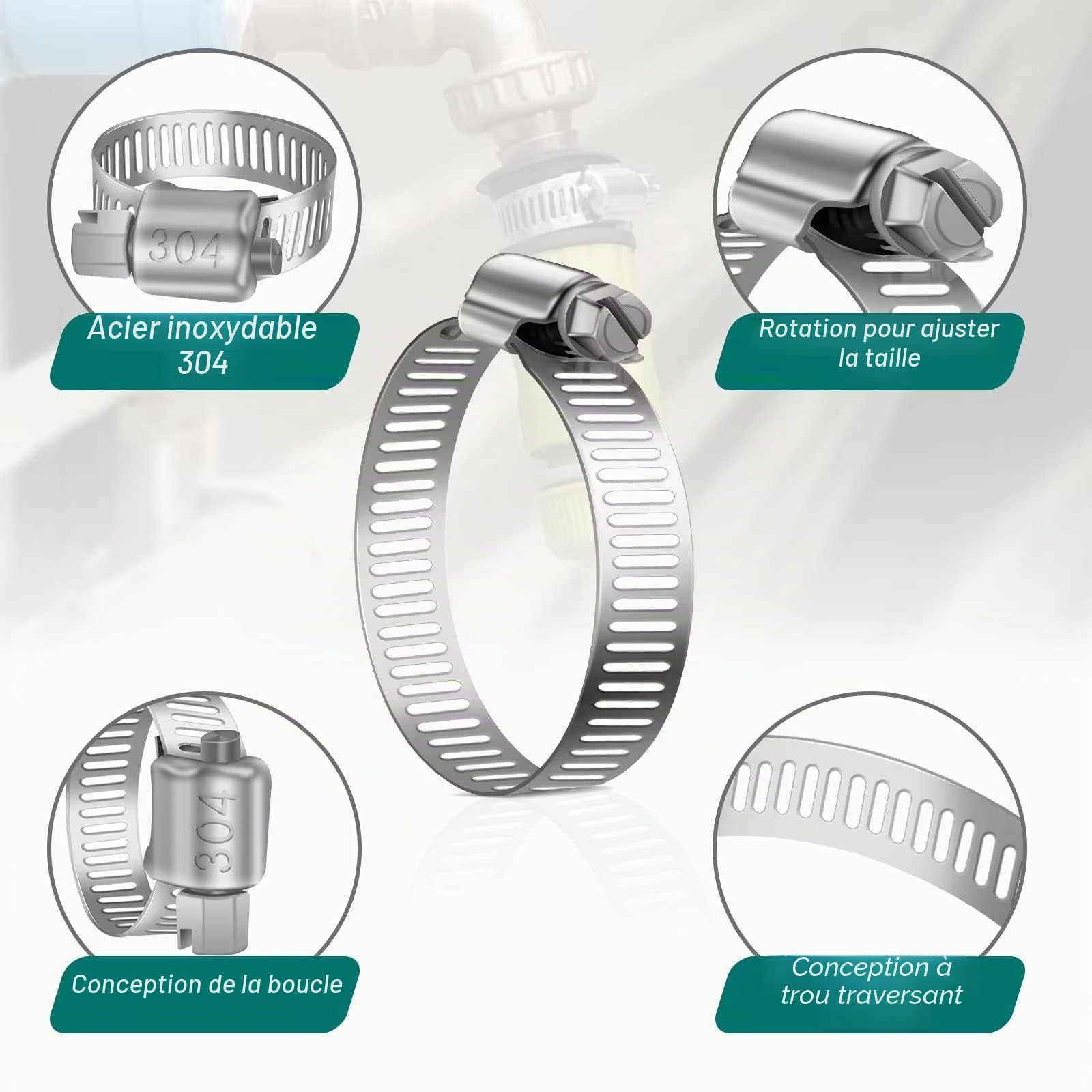 Leryati 304 Collier de Serrage Inox Set 6-51mm, Collier Serrage Métallique Réglable pour Piscine Machine à Laver Jardin