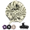Atrube's Silk Satin Hair Bonnet Reversible adjustable tie band Satin bonnet wrap Silk bonnet hair with Hair Scalp Massager Shampoo Brush and scrunchies (Green) gallery image