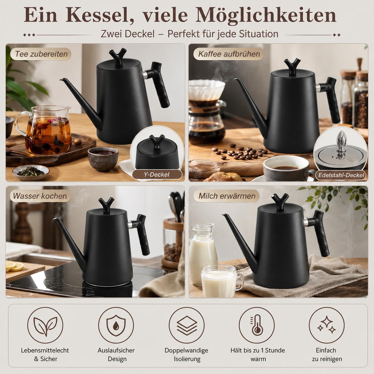 Teekanne mit Siebeinsatz 1.5 L - Teekanne Edelstahl Doppelwandig Schwarz Isolierkanne für Losen Tee Kräutertee und Kaffee - 100% Tropffrei Hitzebeständiger Griff für alle Herdarten
