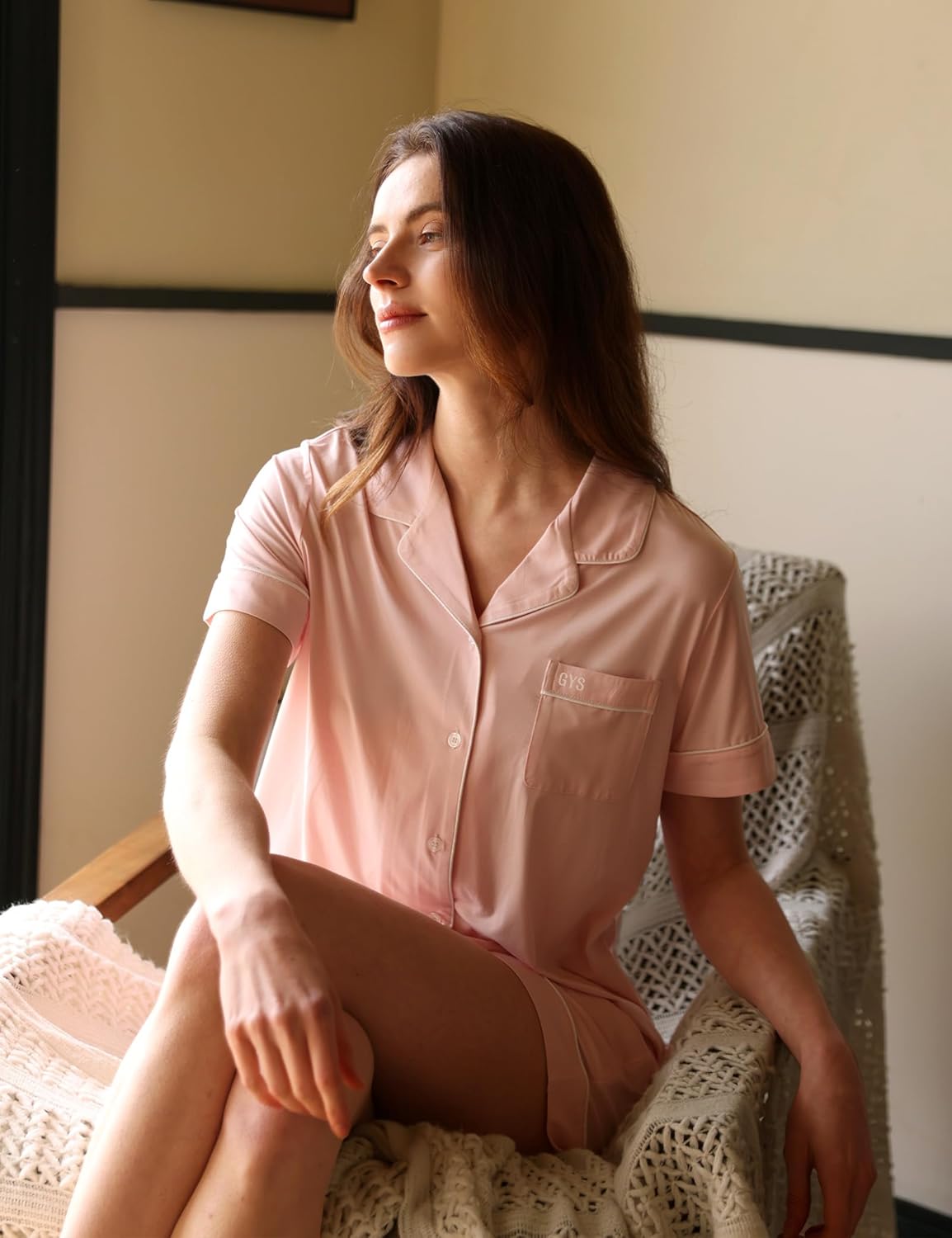 GYS Premium Women's Short Sleeve Pajama Set Notch Collar Button Down 2 Piece Sleep Sets, Viscose from Bamboo