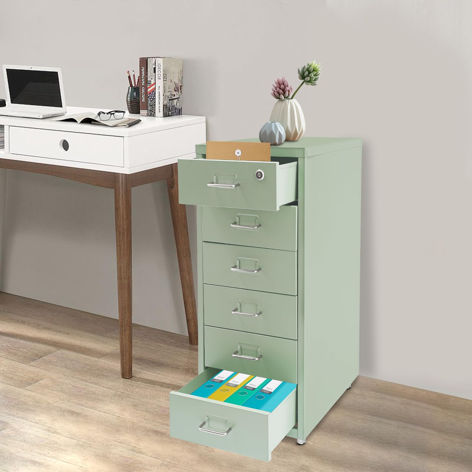 6 Ebenen Mobiler Vertikal Aktenschränke | Rollcontainer | Aktenschrank | Büroschrank mit Rollen | Aufbewahrungsschrank für Home-Office, Abschließbar, 28 x 41 x 69 cm (Grün)